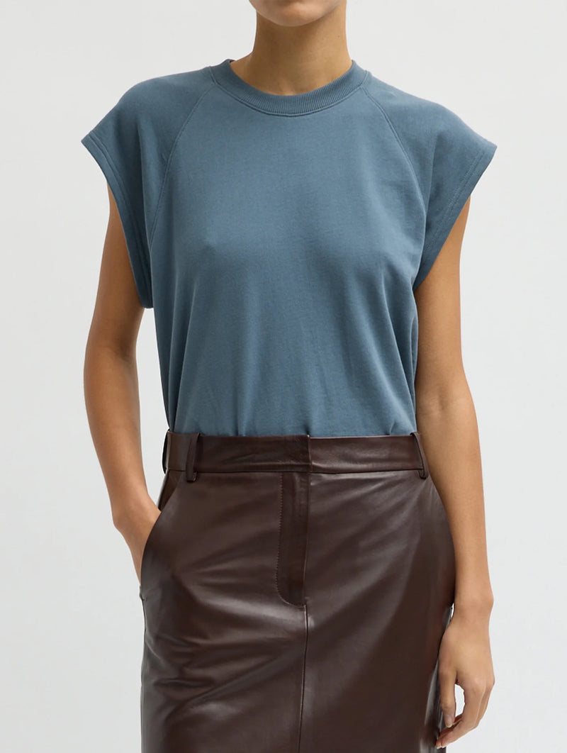Light Weight Sweatshirting Sleeveless Easy Top in Blue Grey