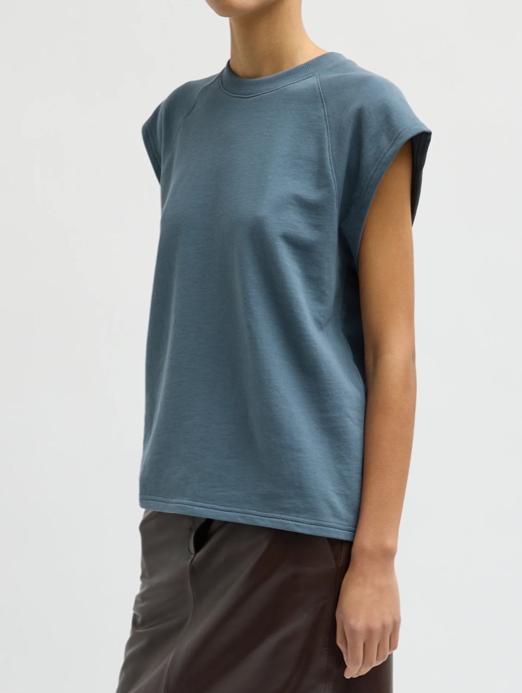Light Weight Sweatshirting Sleeveless Easy Top in Blue Grey
