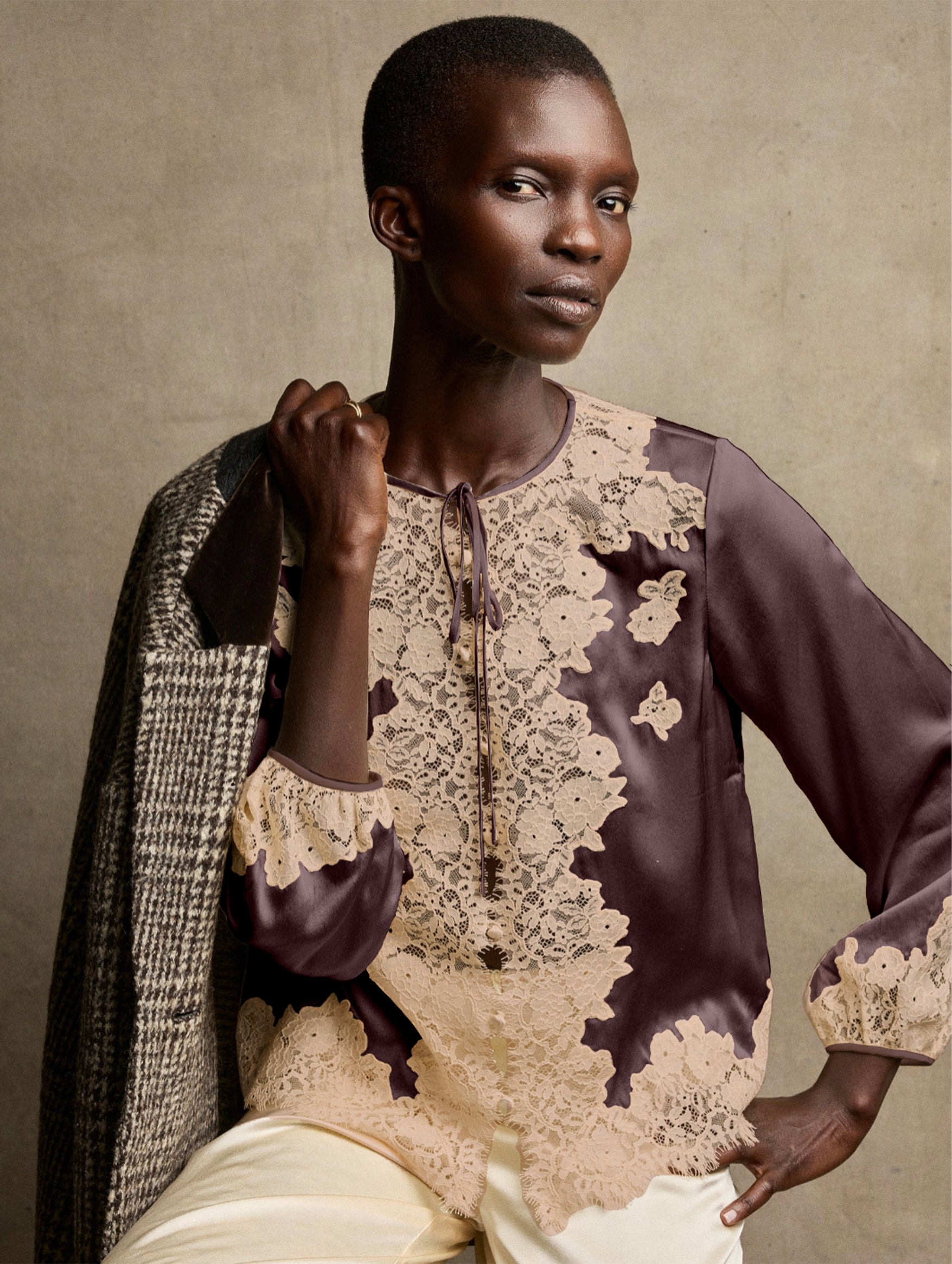 Lucine Top in Equestrian Brown with Cream Lace