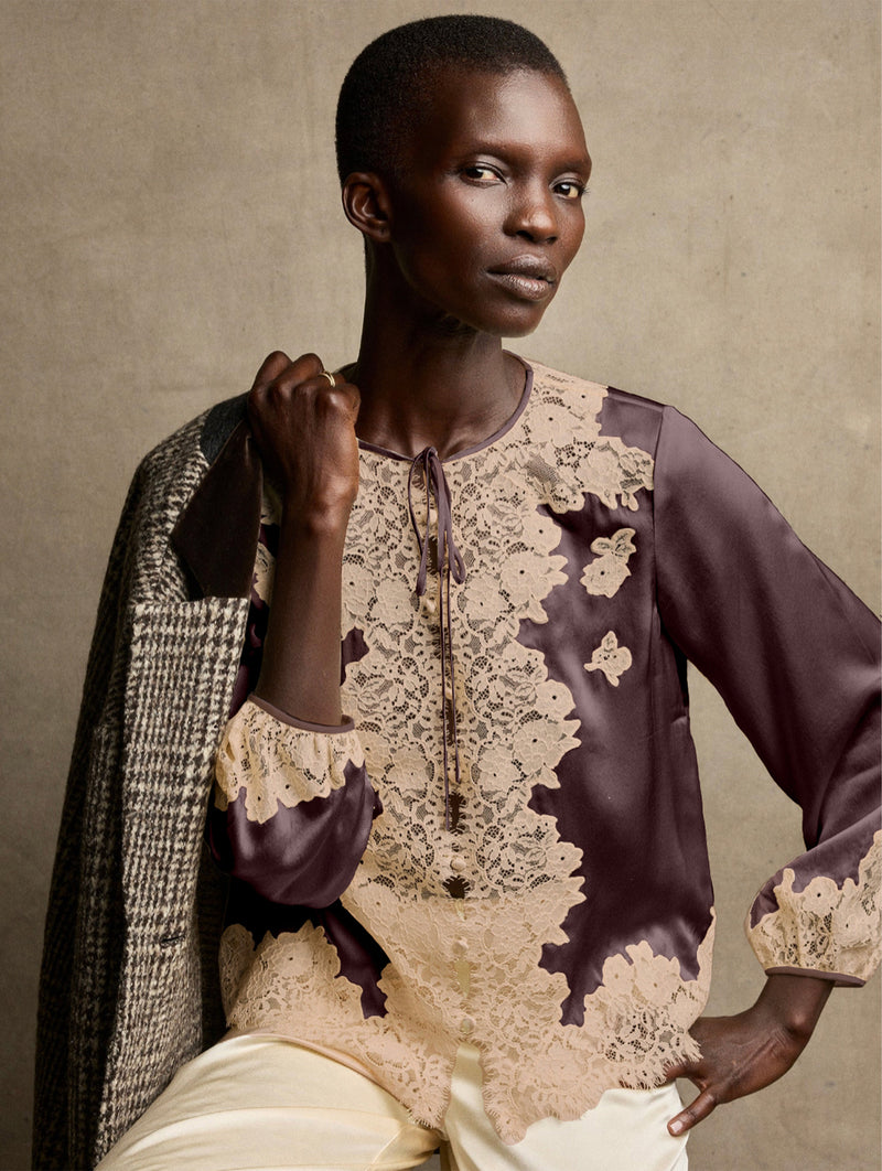 Lucine Top in Equestrian Brown with Cream Lace