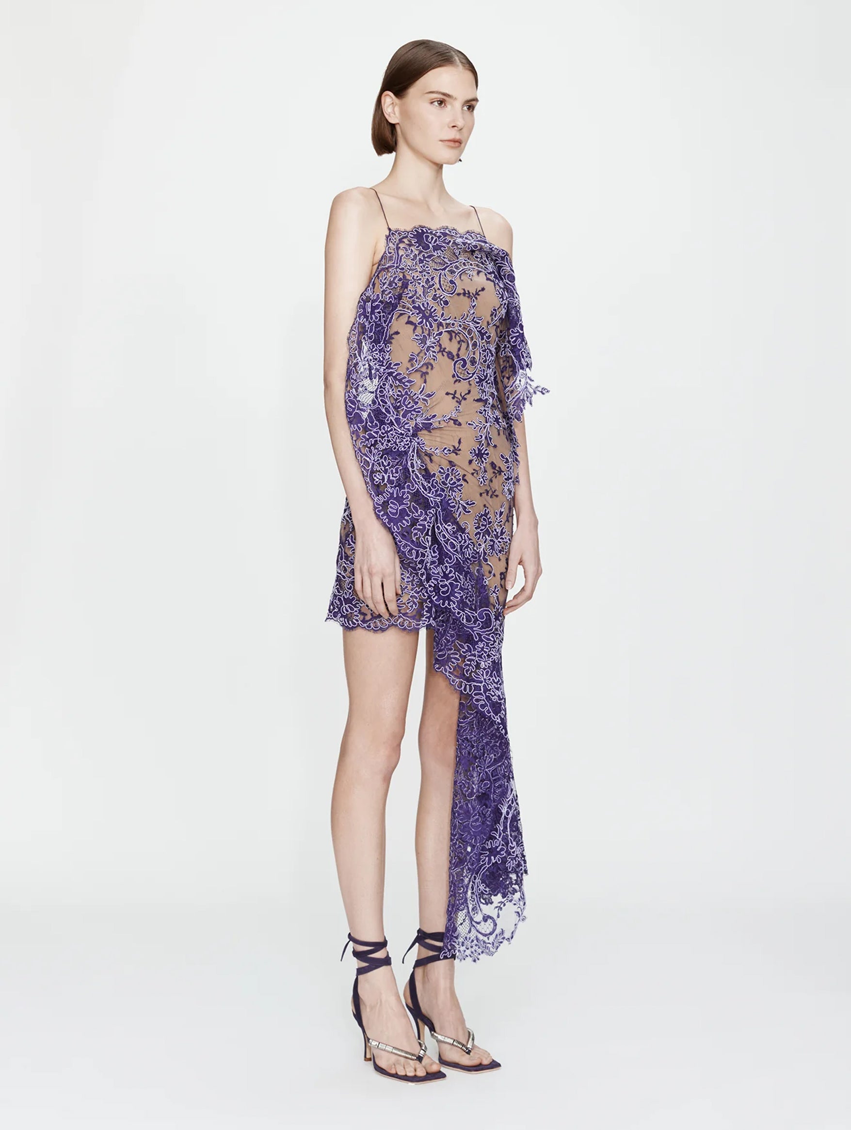 Iris Floating Lace Suspend Mini Dress in Dark Viola