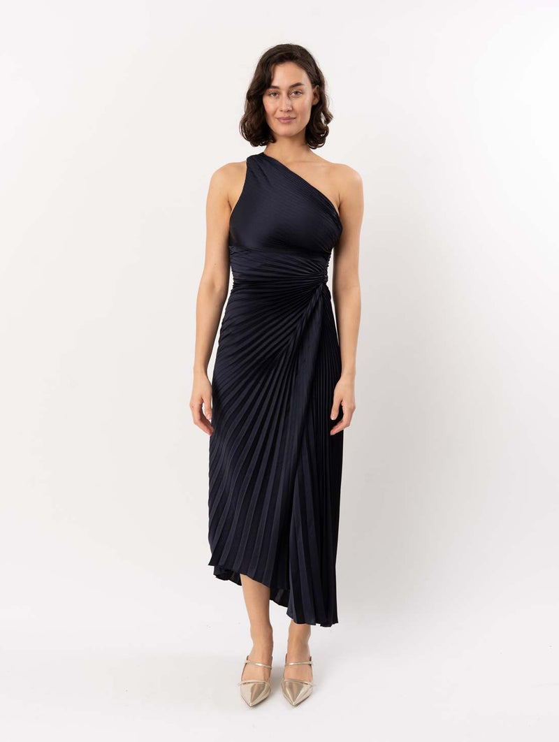 Lara Pleated Midi Dress in Night Blue