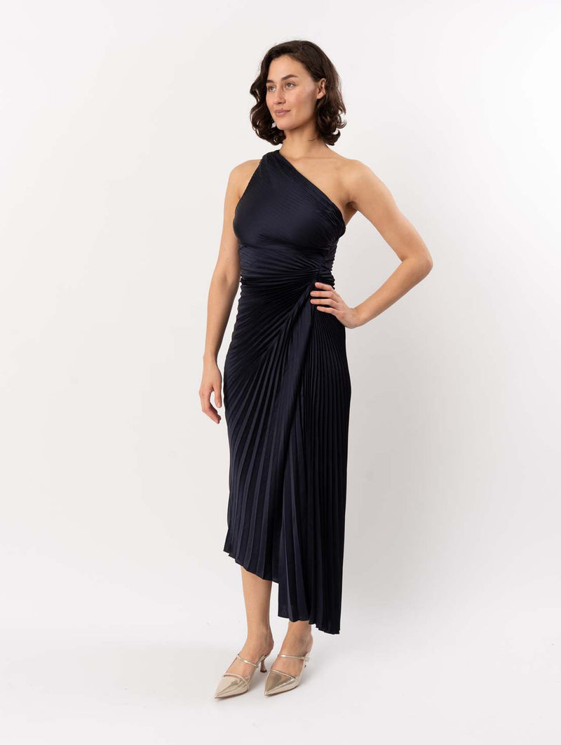Lara Pleated Midi Dress in Night Blue