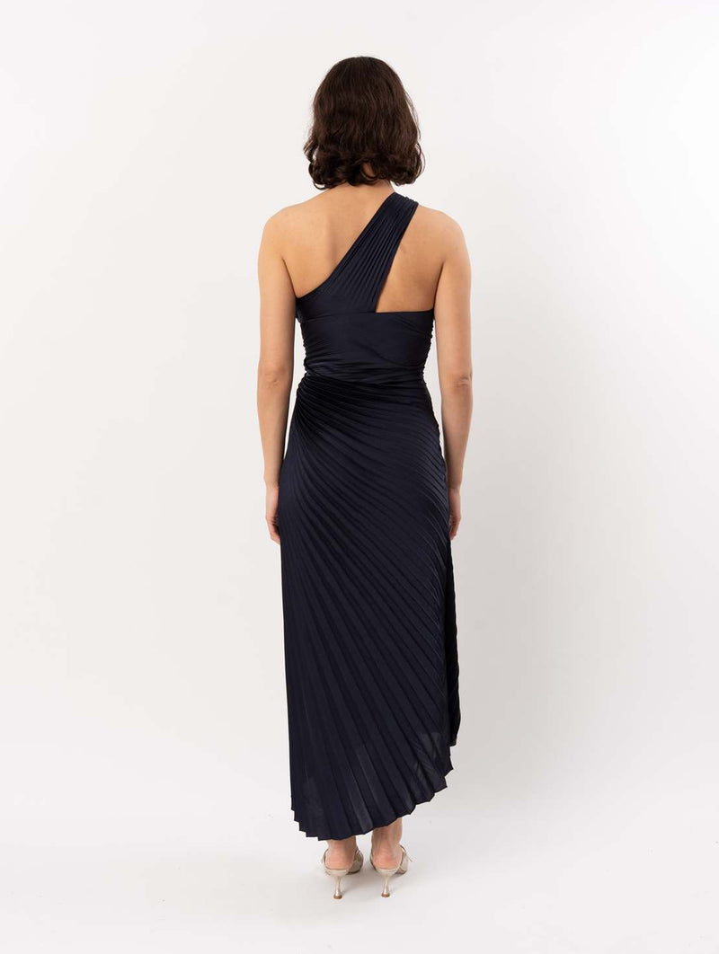 Lara Pleated Midi Dress in Night Blue
