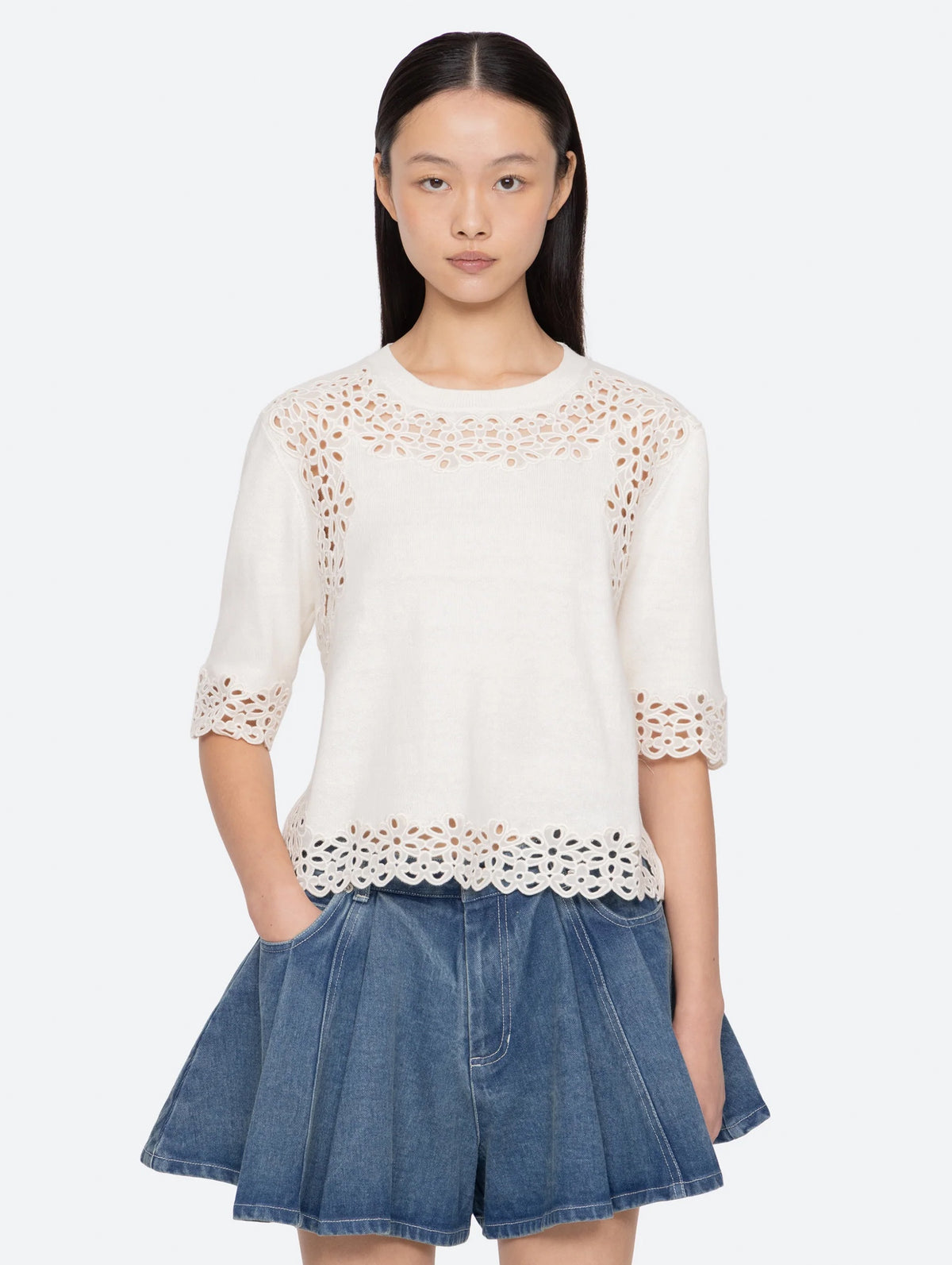 Leila Cotton Eyelet Sweater in Cream