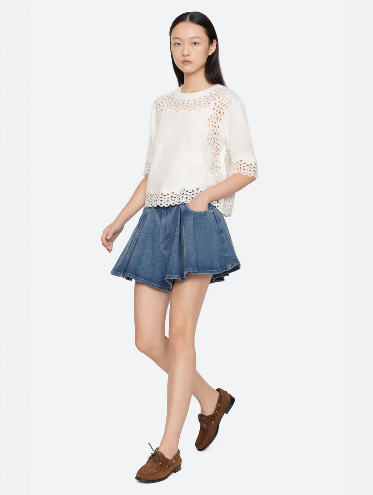 Leila Cotton Eyelet Sweater in Cream