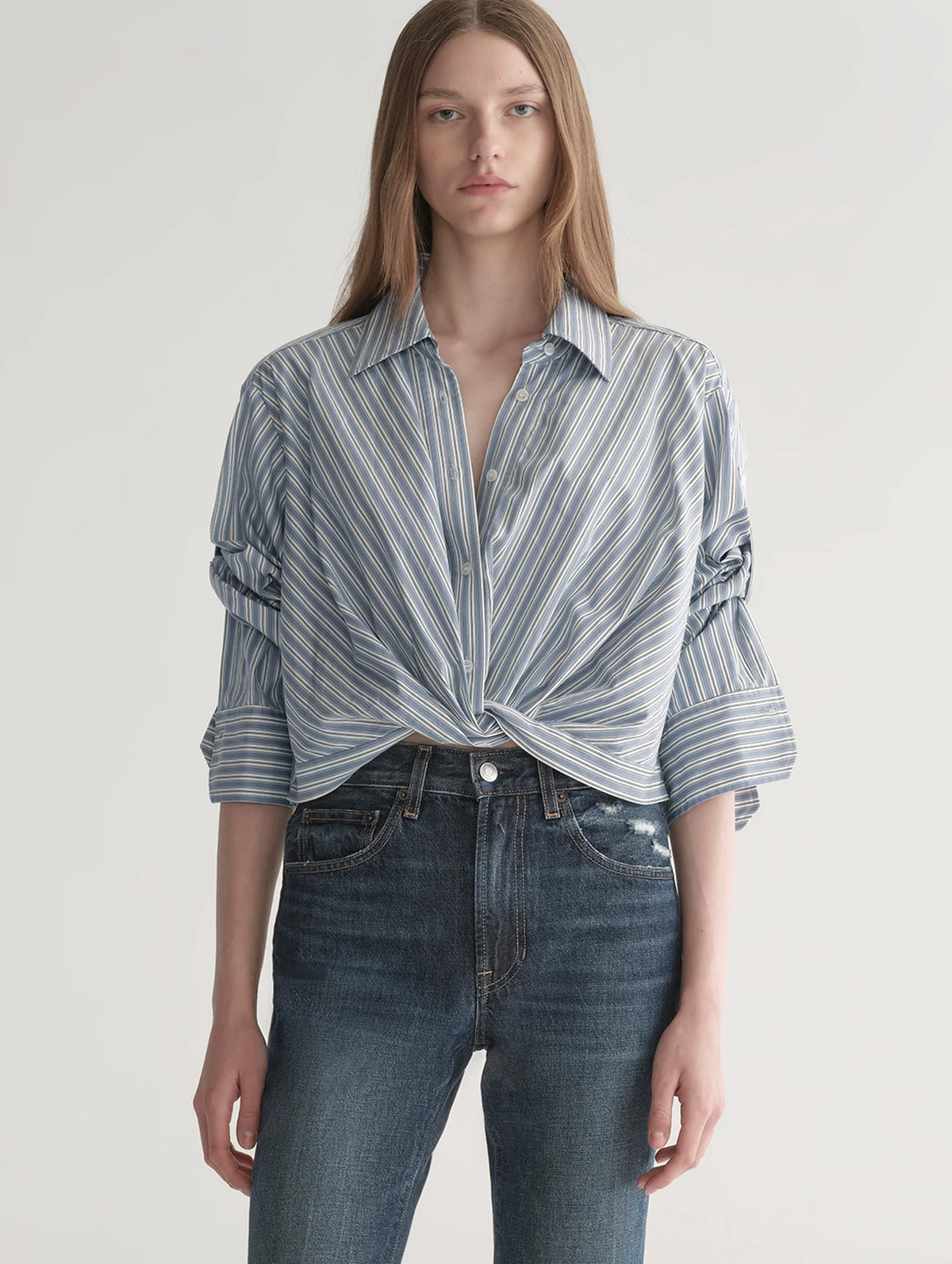 Leo Cotton Top in White and Steel Blue