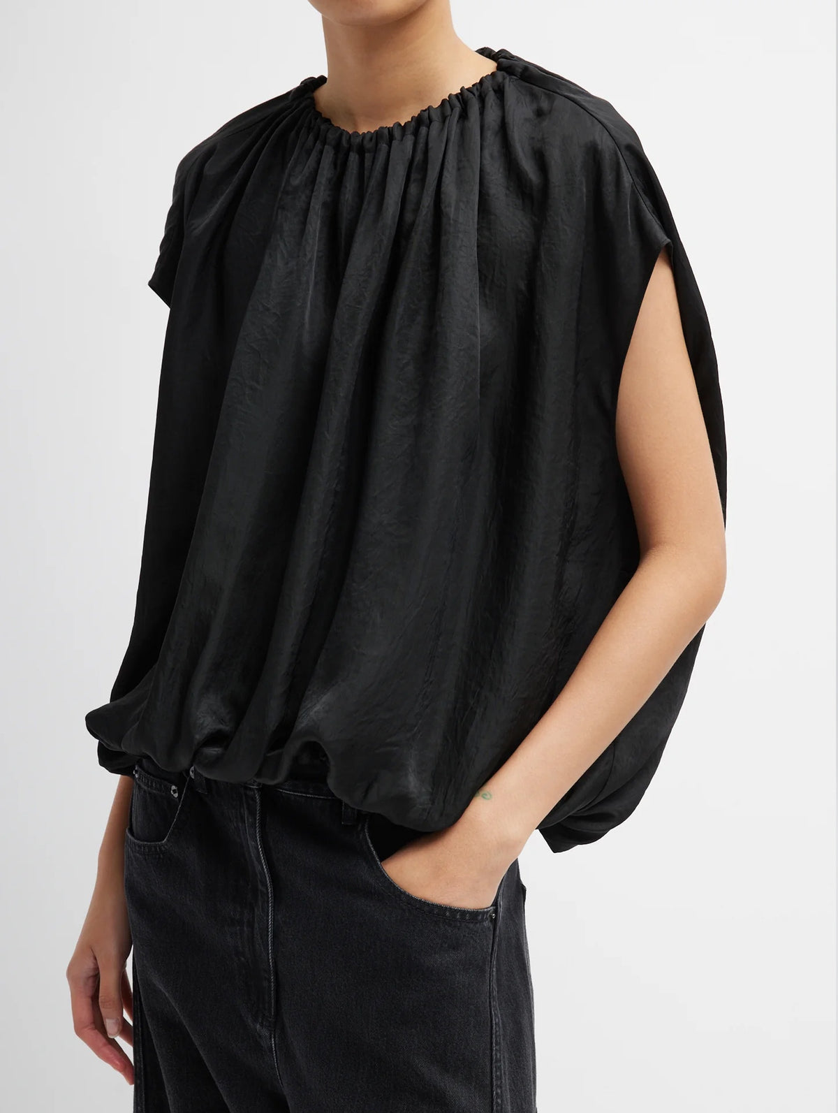 Shirred Neck Circular Top in Black