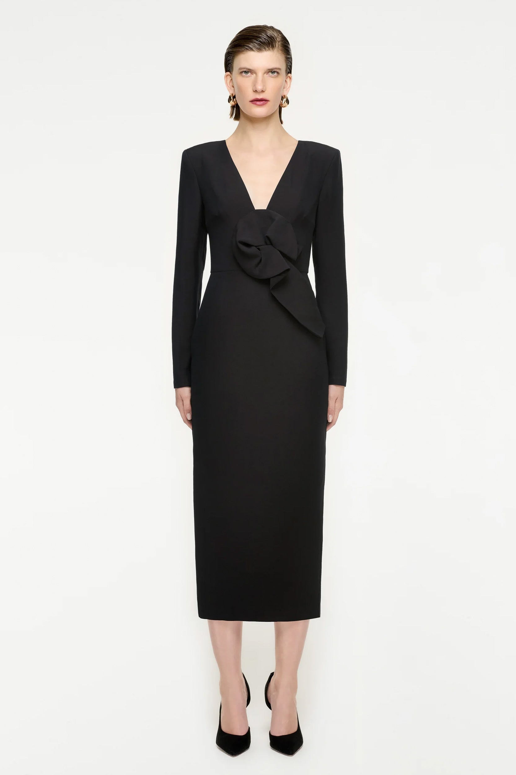 Long Sleeve Wool Silk Midi Dress in Black