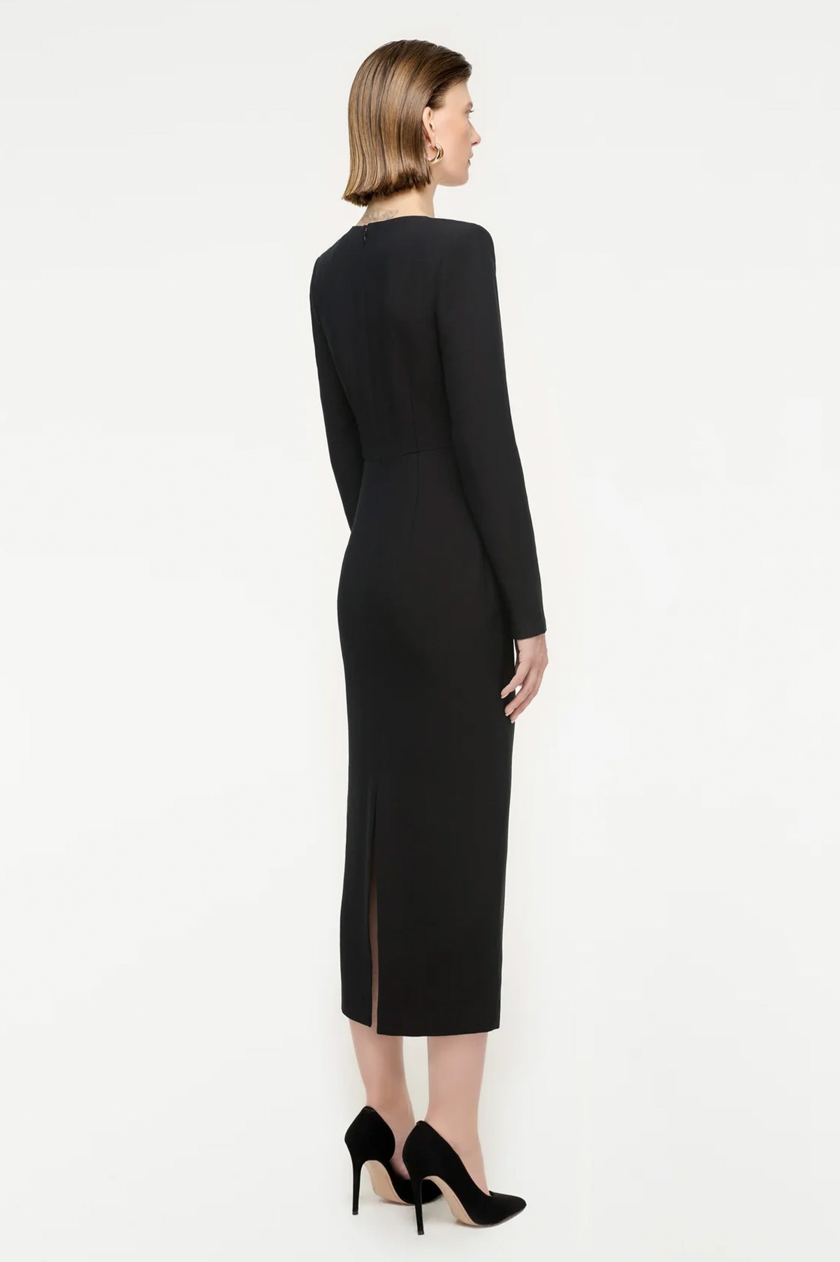 Long Sleeve Wool Silk Midi Dress in Black