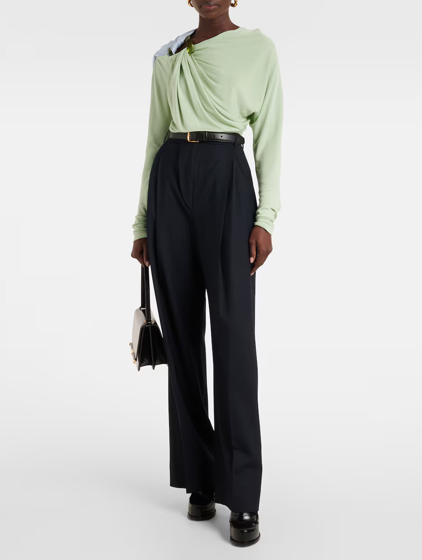 Long Sleeve Draped Jersey Top in Jade Iceberg