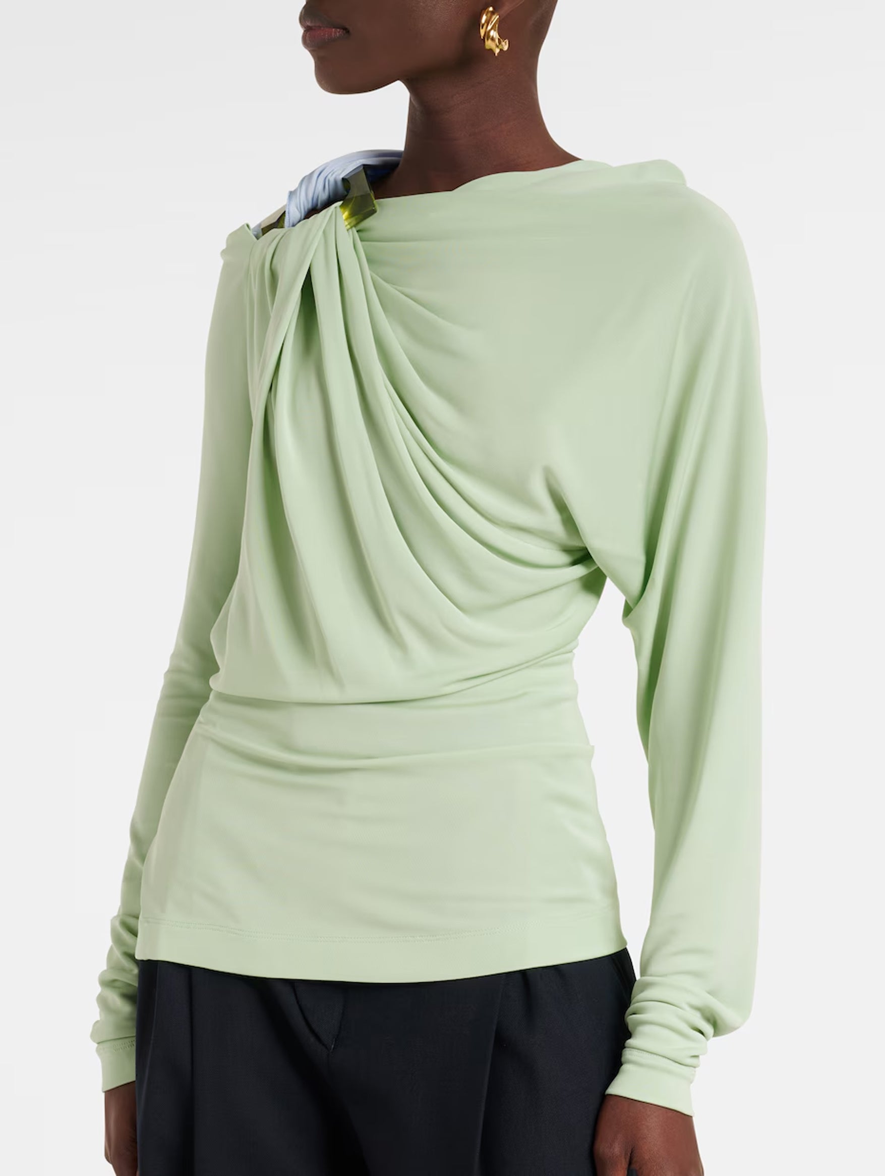 Long Sleeve Draped Jersey Top in Jade Iceberg