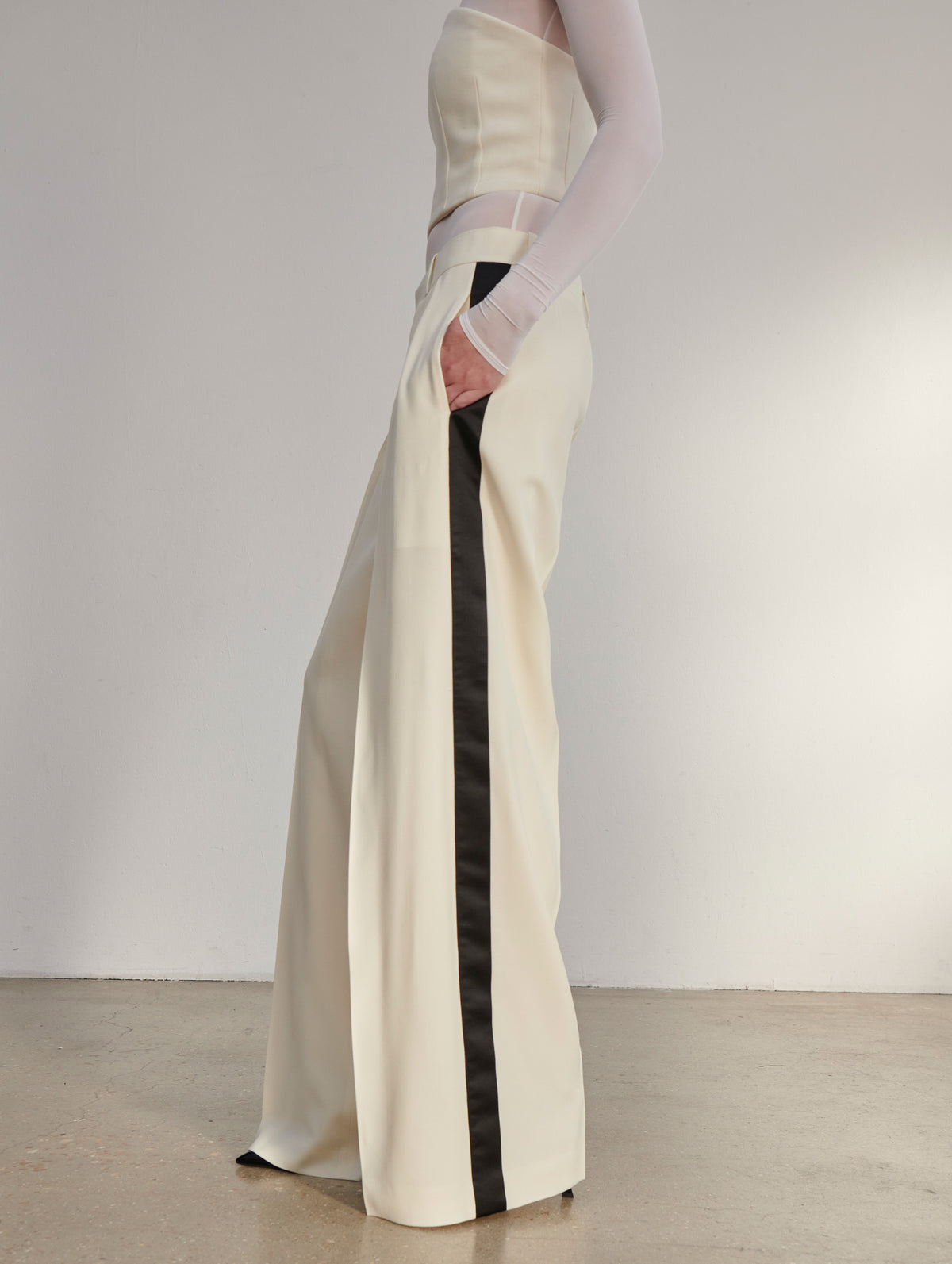 Low Rise Wool Tuxedo trouser in Off White and Black