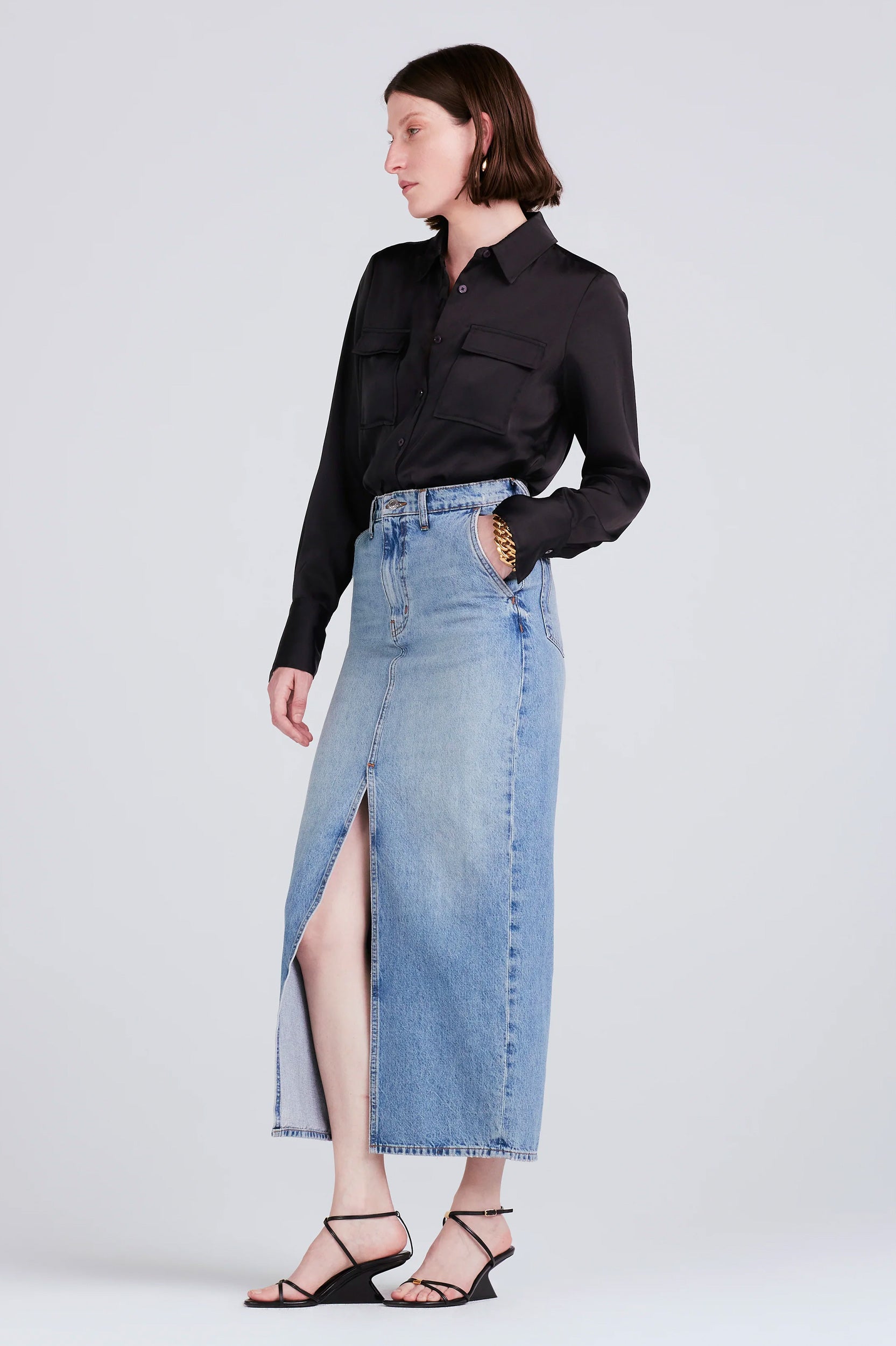 Lu High Rise Maxi Skirt in Denim