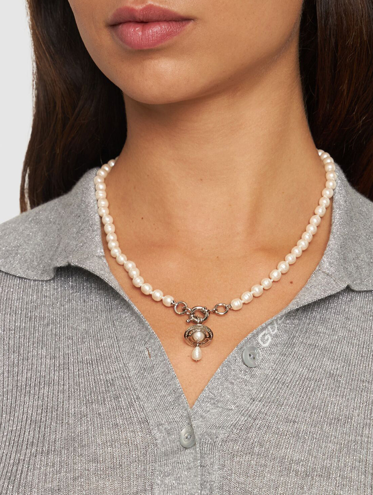 Man. Aleksa Necklace in Platinum, Creamrose Pearl & Crystal