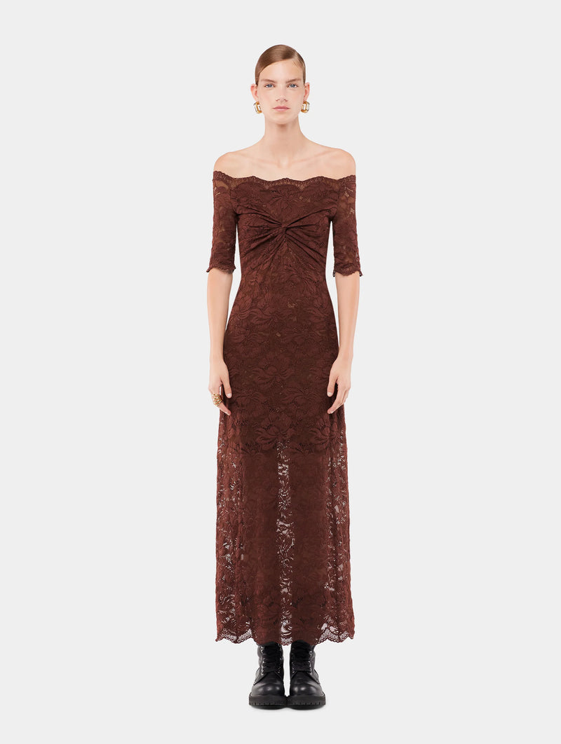 Lace Midi Dress in Cinnamon Brown
