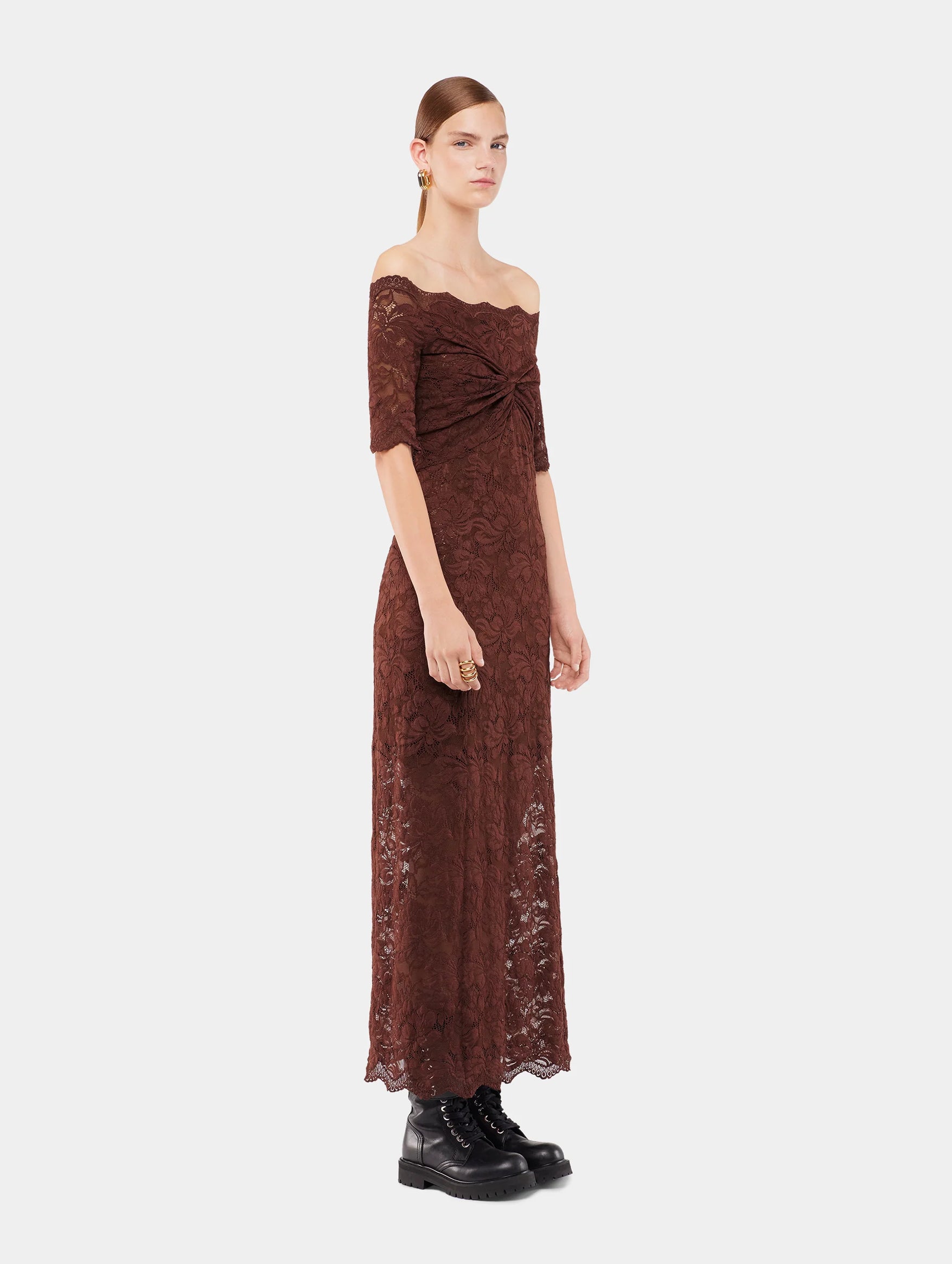 Lace Midi Dress in Cinnamon Brown
