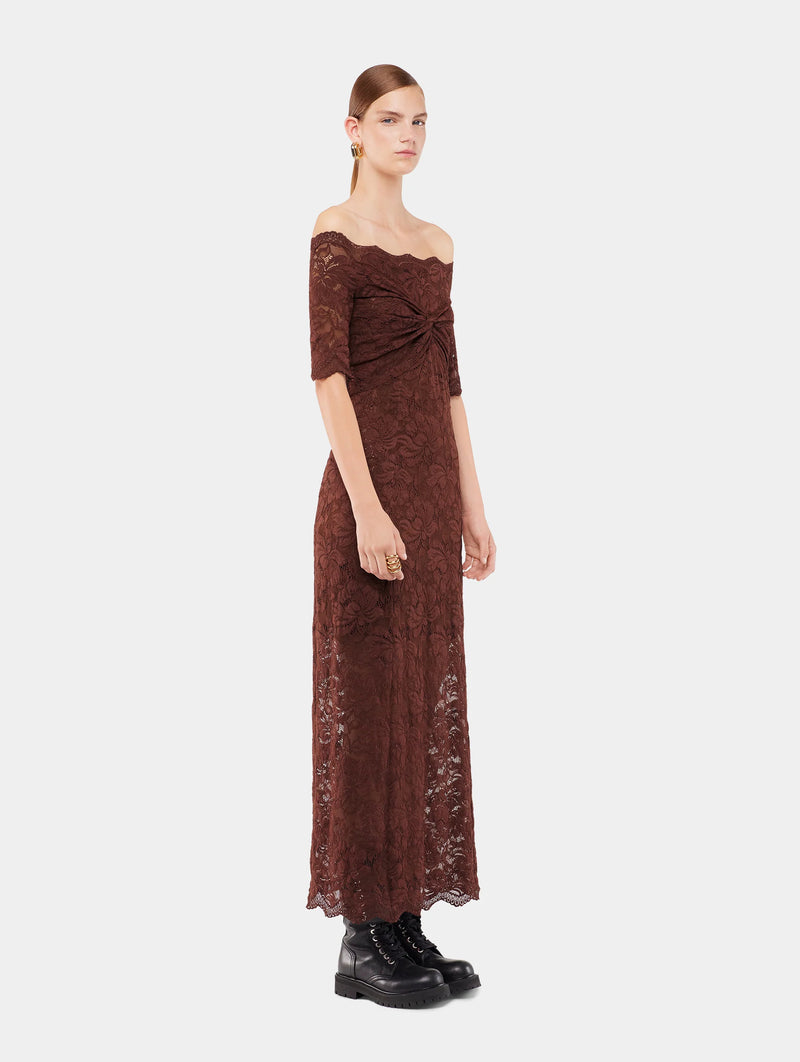 Lace Midi Dress in Cinnamon Brown