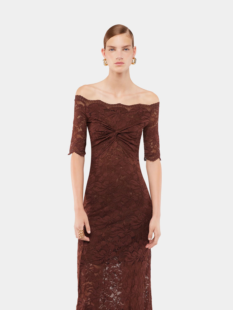 Lace Midi Dress in Cinnamon Brown