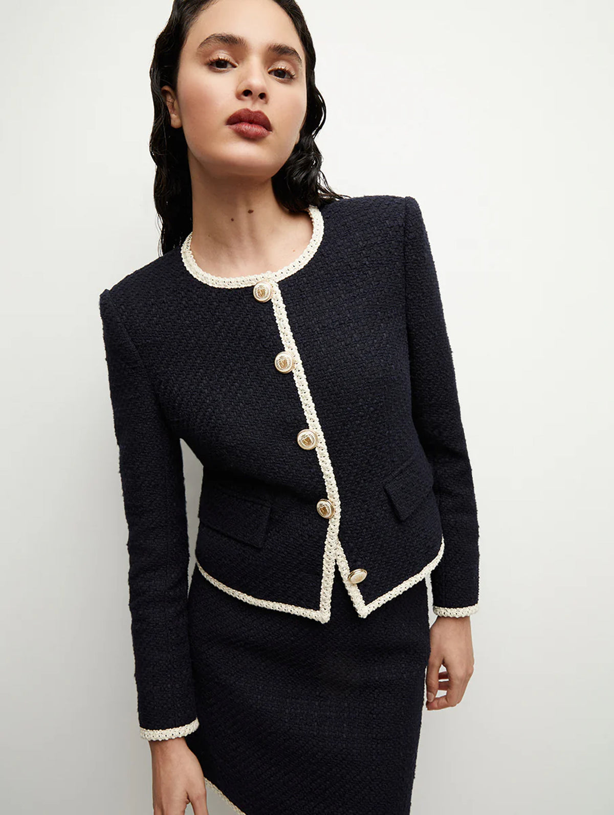 Mabel Collarless Tweed Jacket in Navy