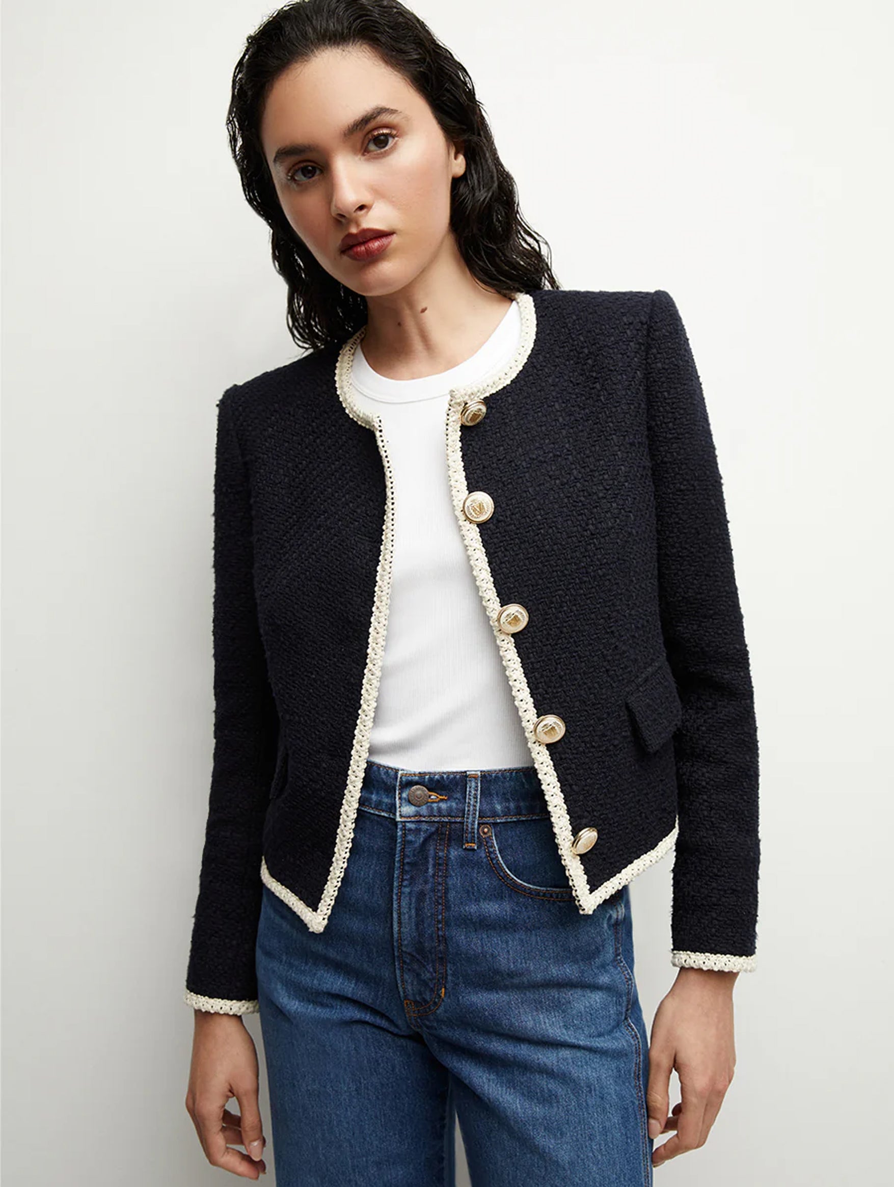 Mabel Collarless Tweed Jacket in Navy