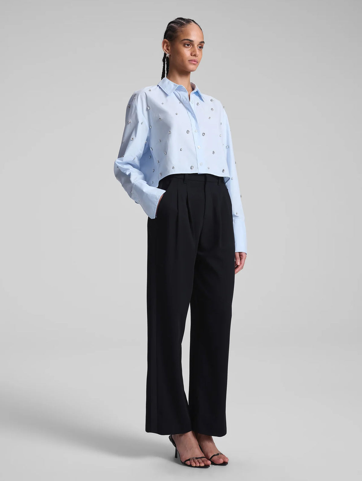 Mackie Embellished Cropped Cotton Shirt in Ice Water