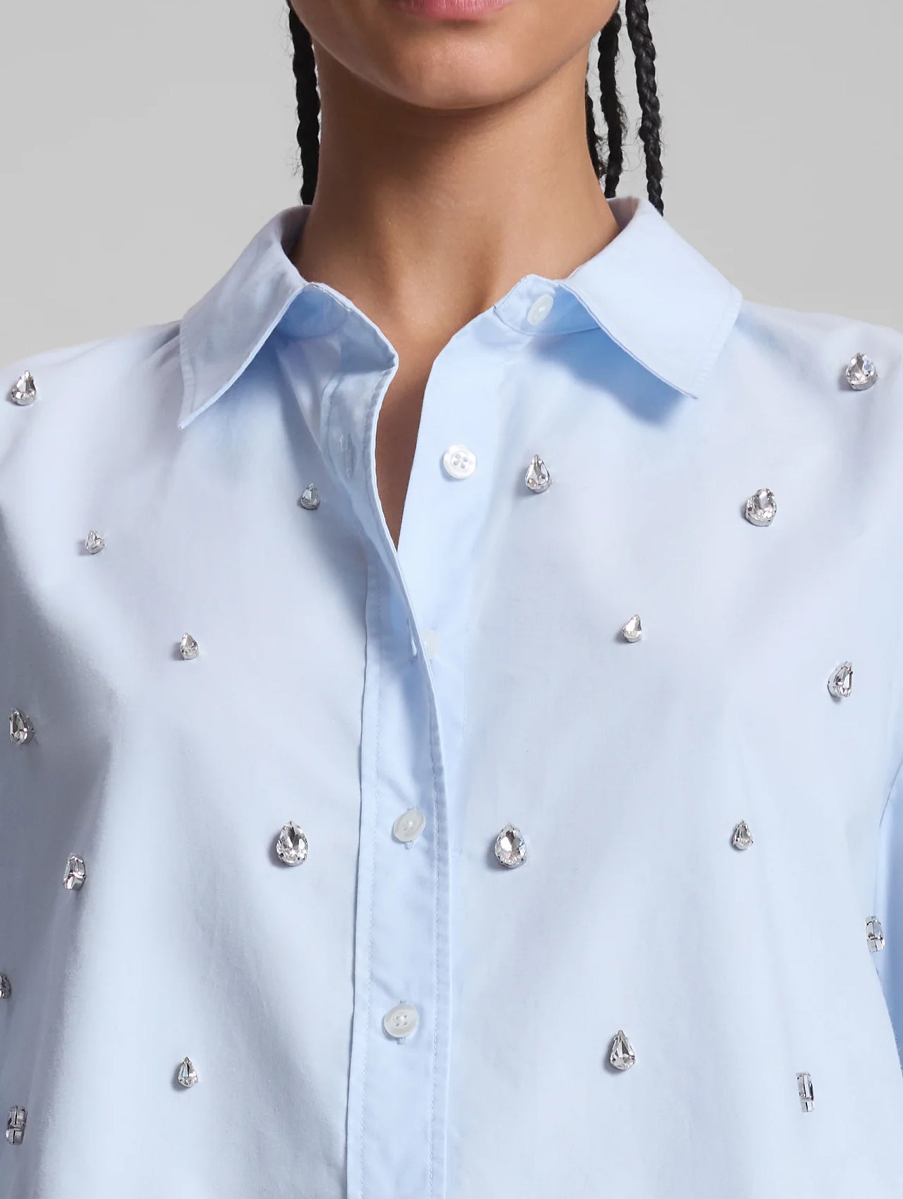 Mackie Embellished Cropped Cotton Shirt in Ice Water