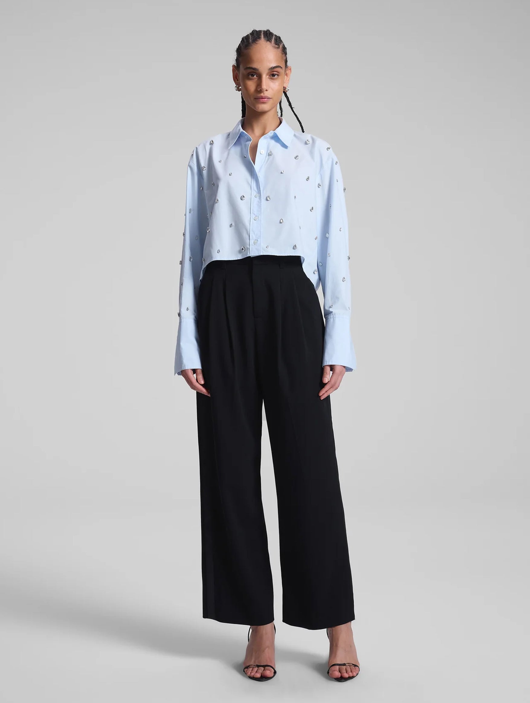 Mackie Embellished Cropped Cotton Shirt in Ice Water