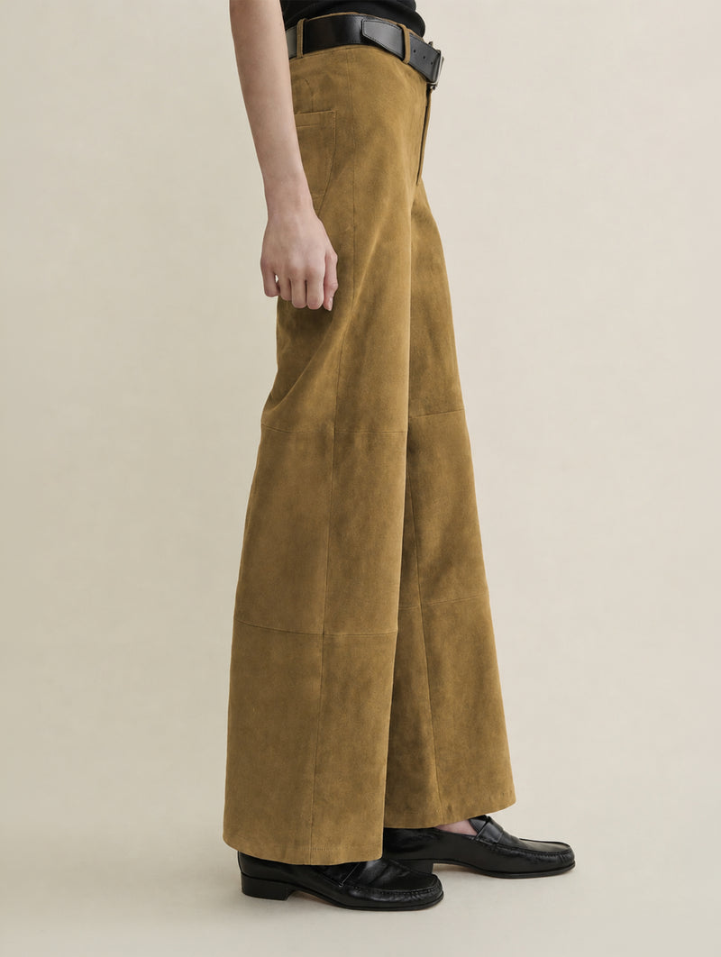 Marina Stretch Suede Trousers in Dark Olive leather