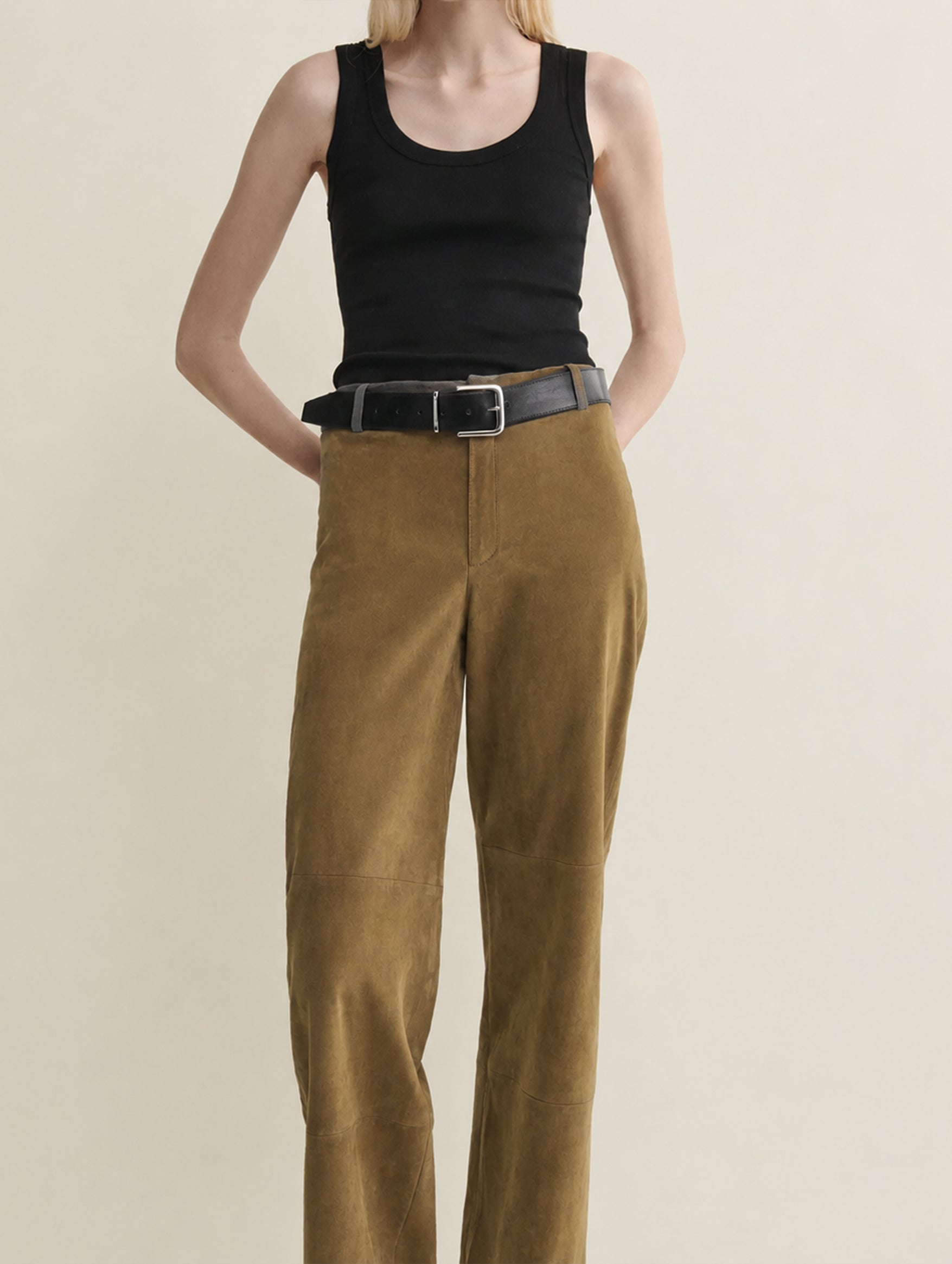 Marina Stretch Suede Trousers in Dark Olive leather
