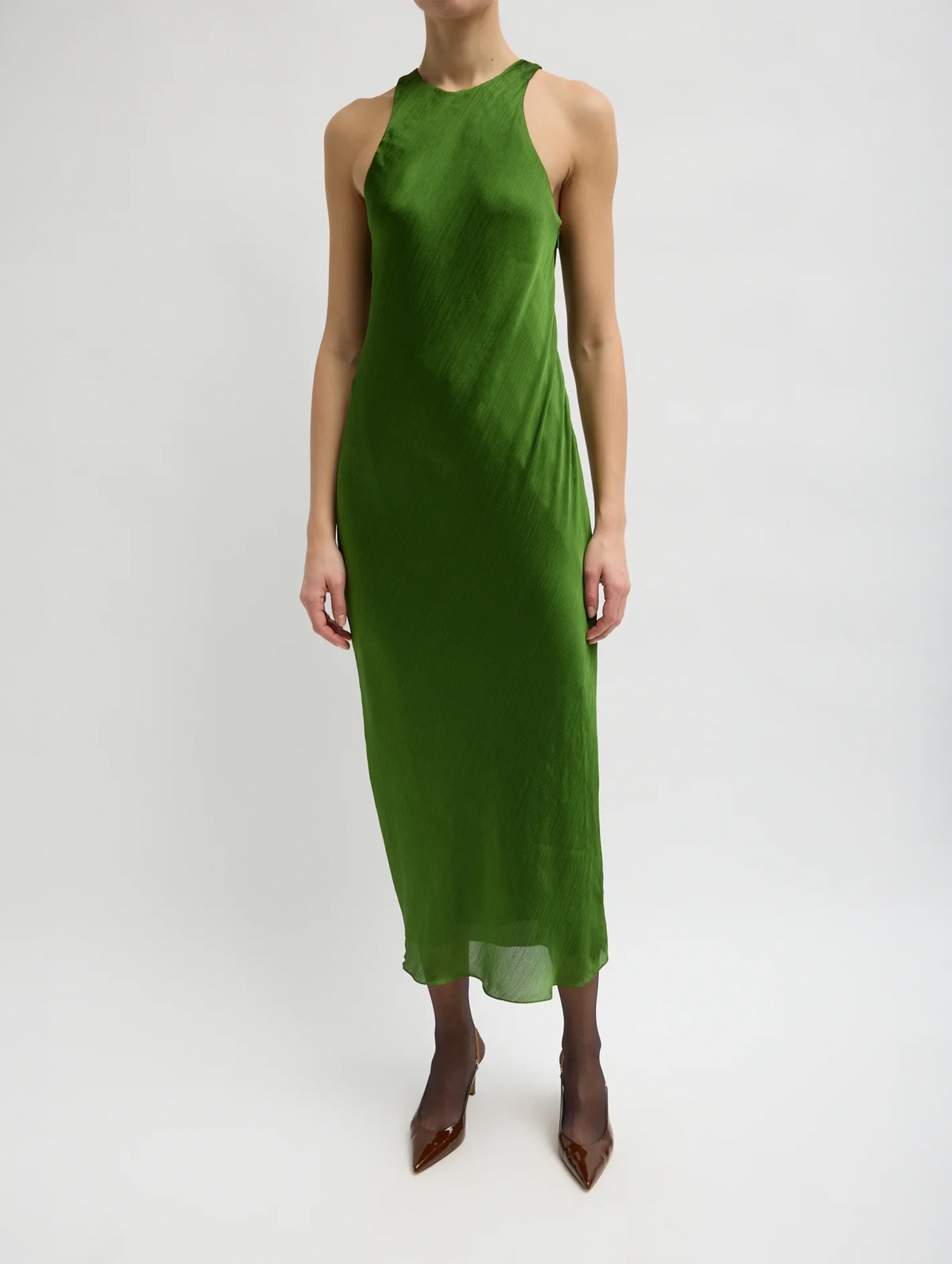 Matte Satin Plisse Midi Bias Dress in Green
