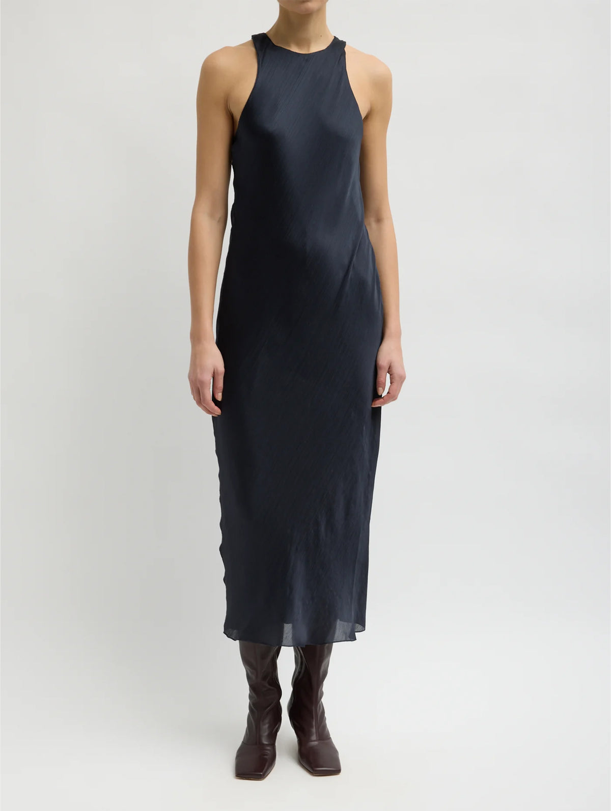 Matte Satin Plisse Midi Bias Dress in Navy