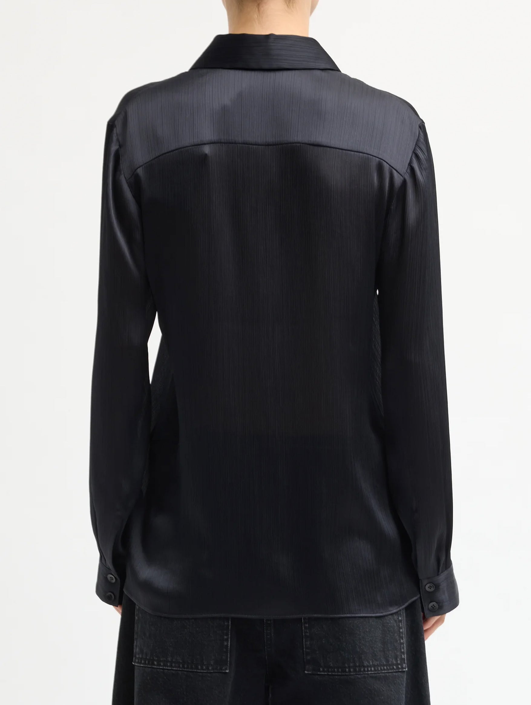 Matte Satin Plisse Slim Shirt in Navy