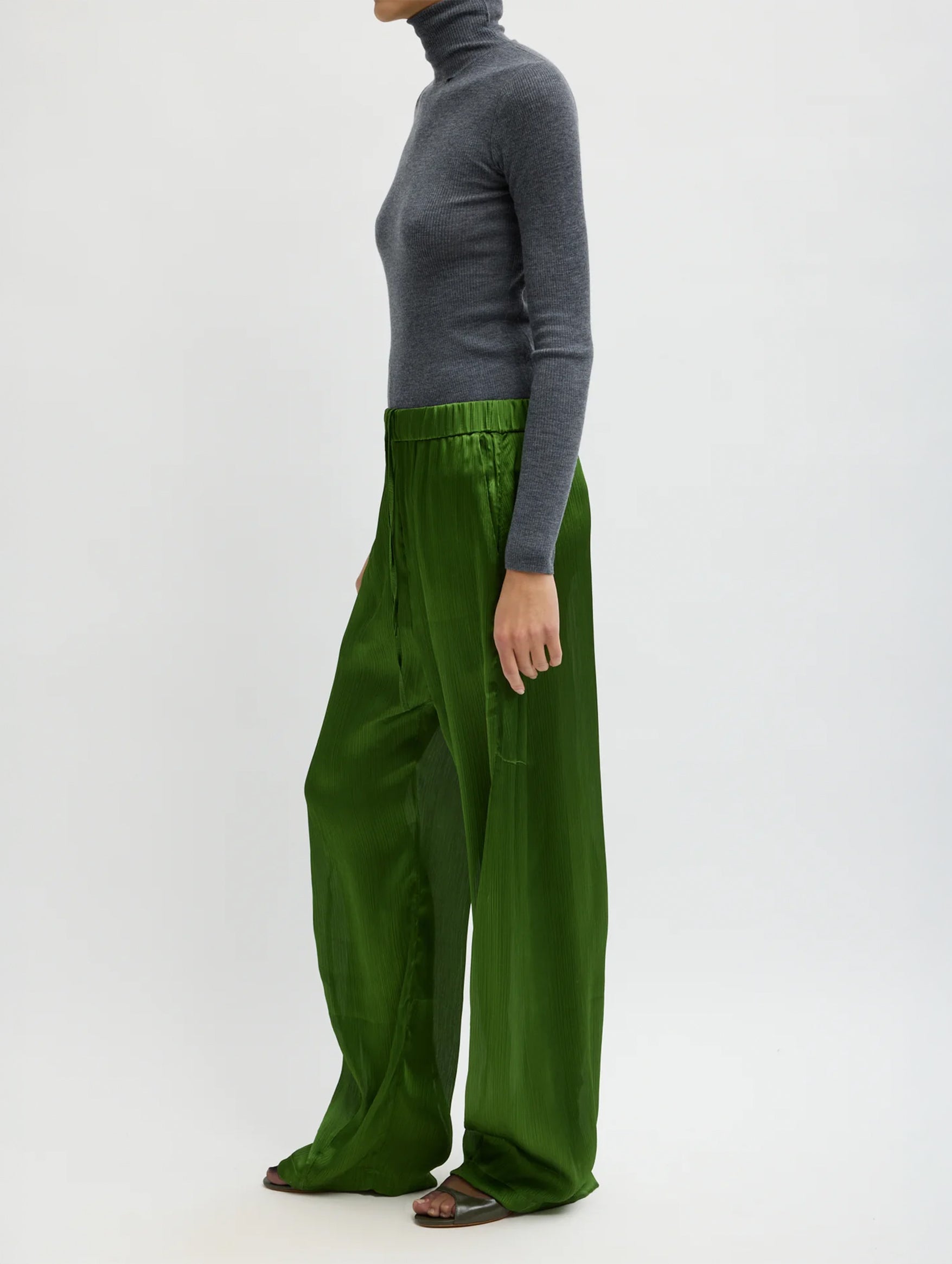 Matte Satin Plisse Winslow Pant in Green