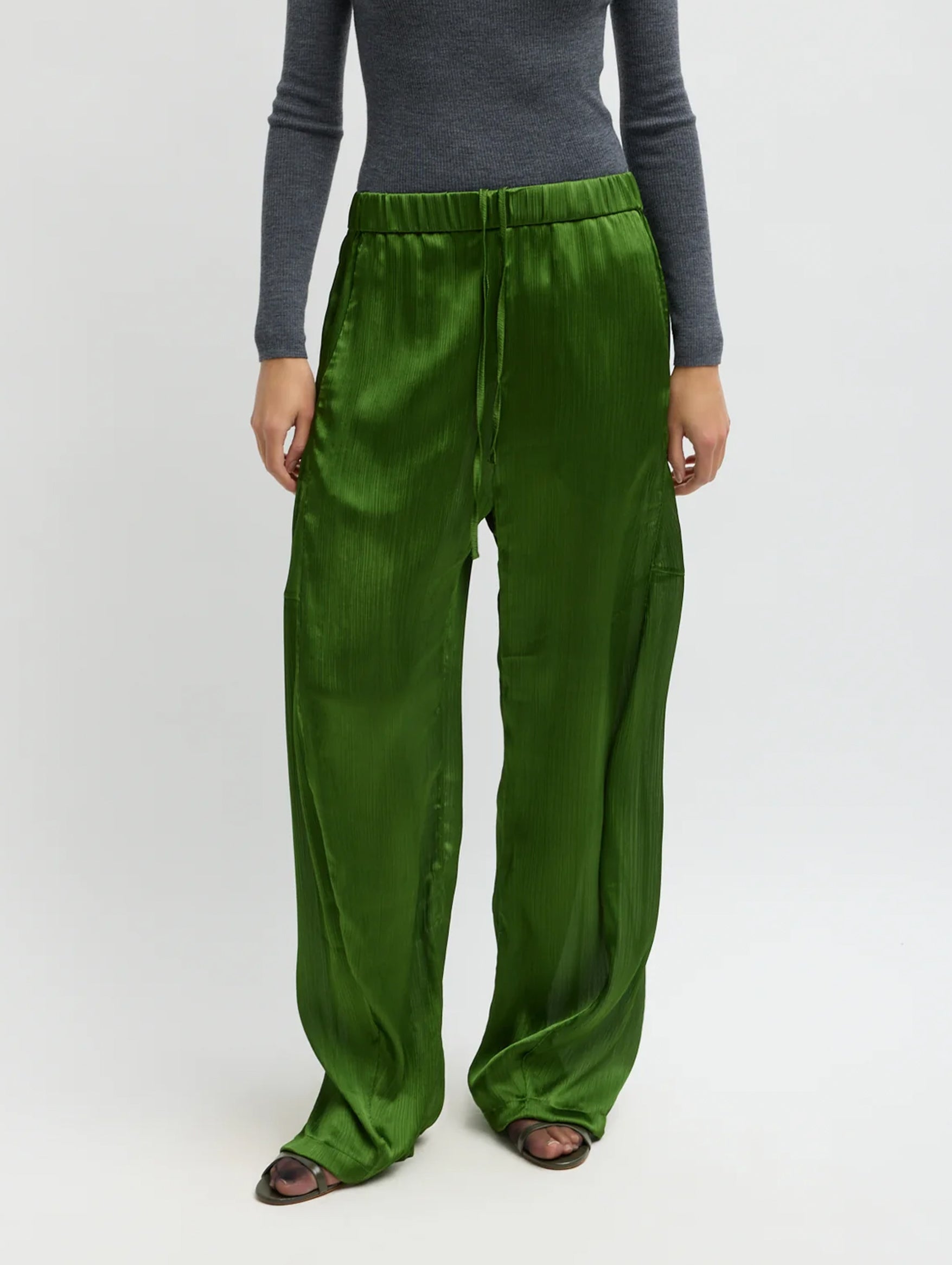 Matte Satin Plisse Winslow Pant in Green