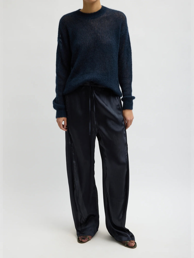 Matte Satin Plisse Winslow Pant in Navy
