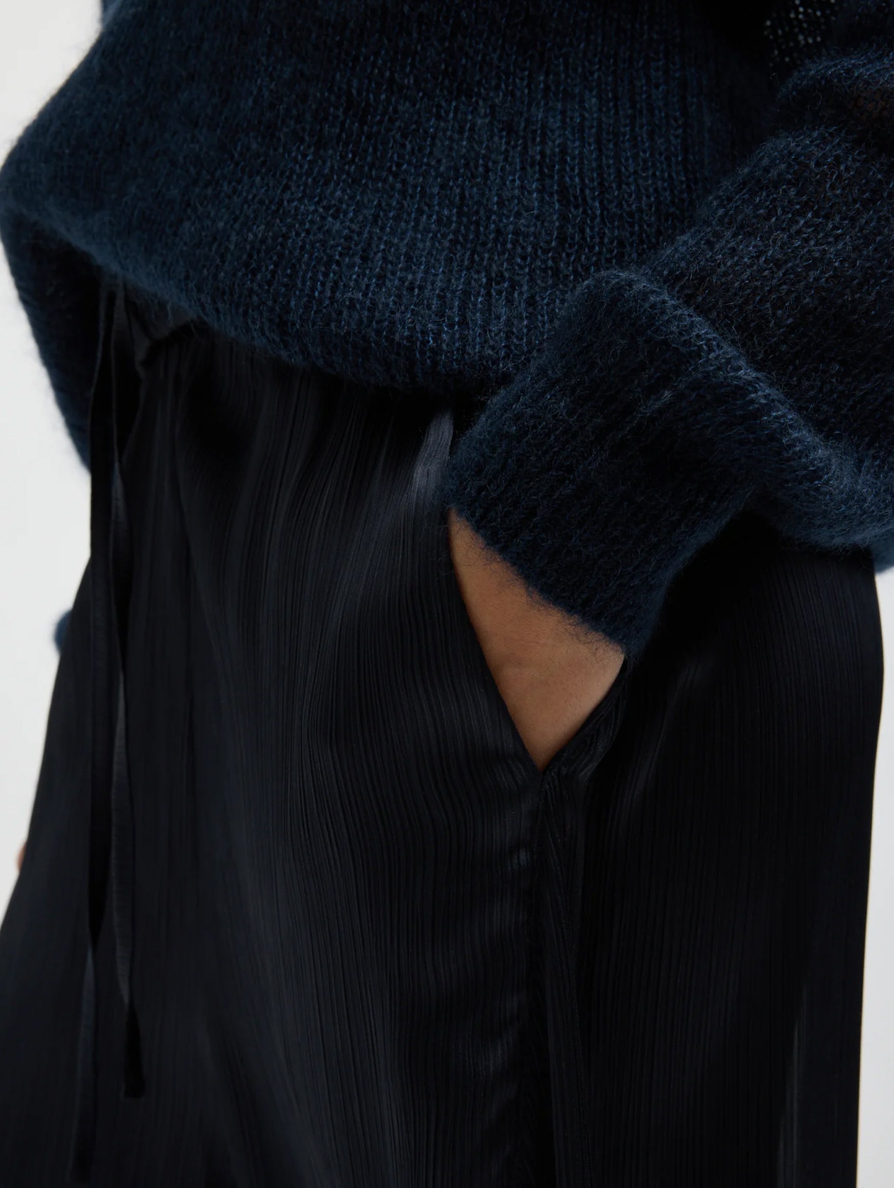 Matte Satin Plisse Winslow Pant in Navy