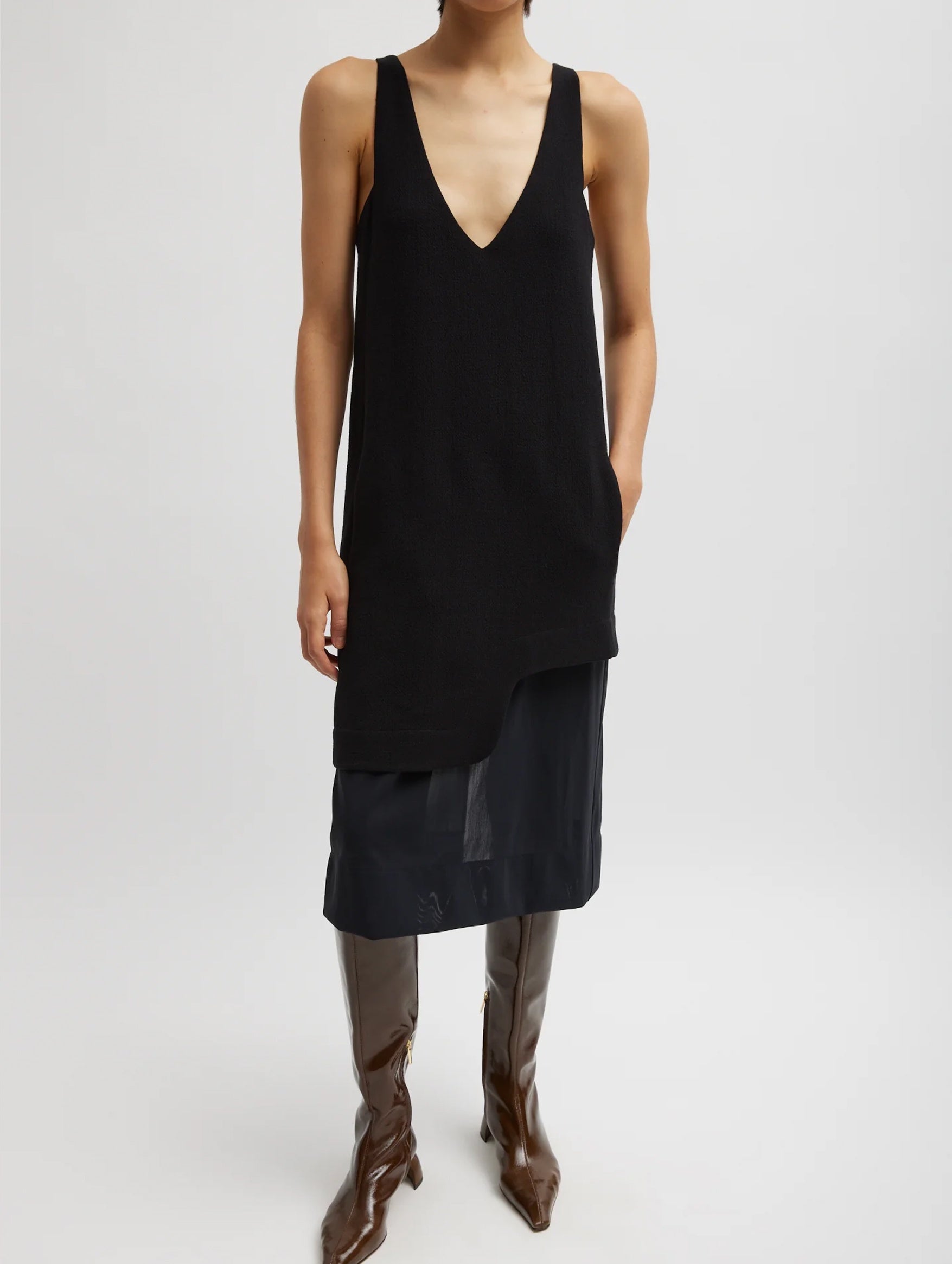 Melee Crepe V-Neck Power Mesh Combo Dress in Black