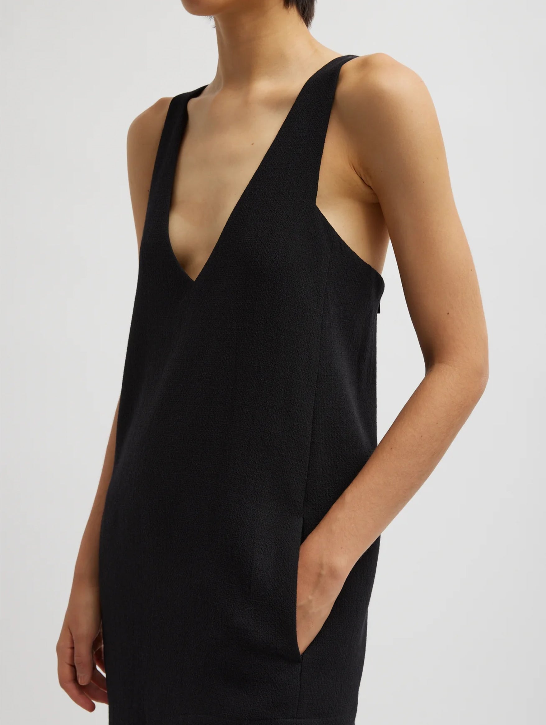 Melee Crepe V-Neck Power Mesh Combo Dress in Black