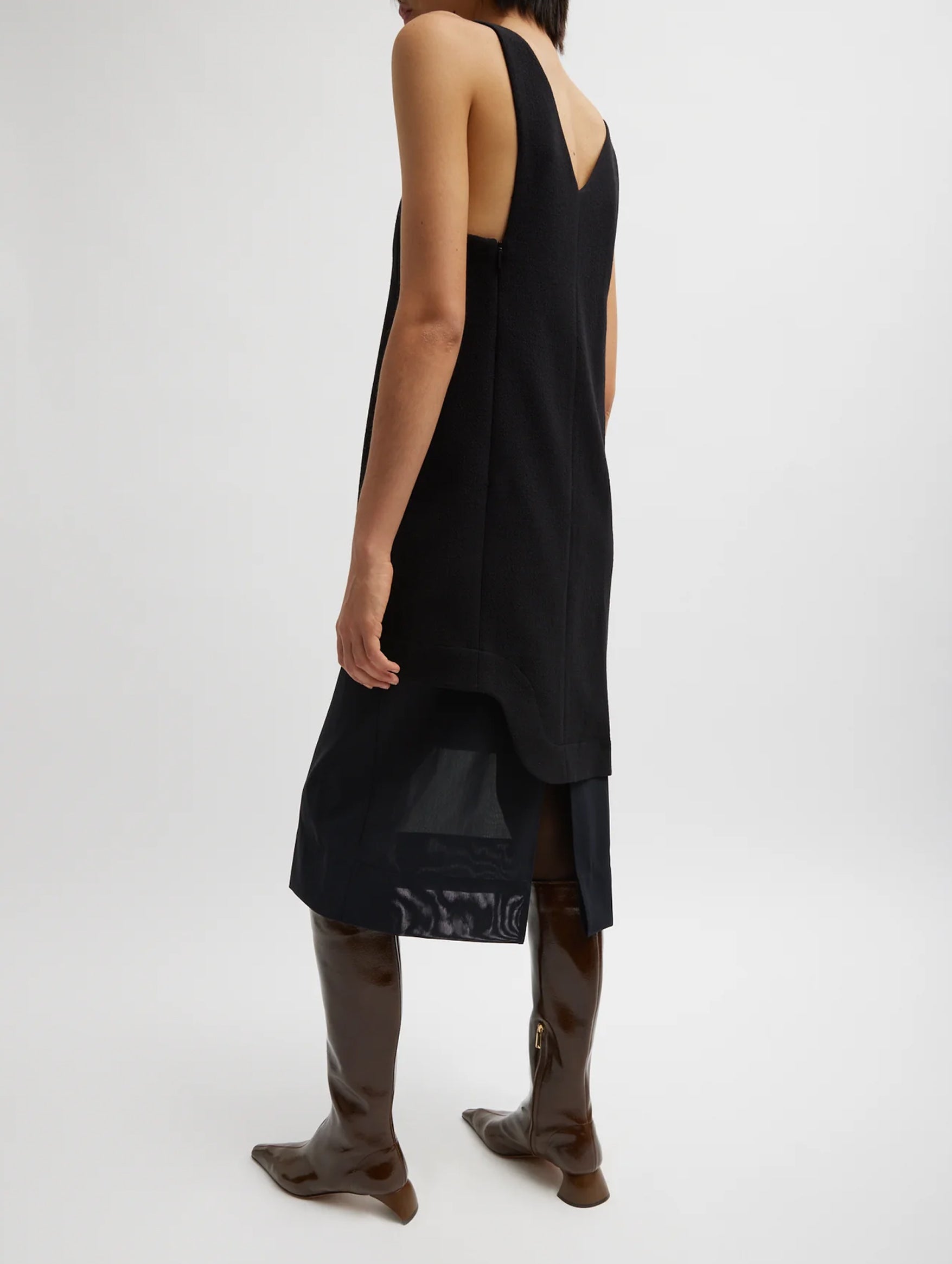 Melee Crepe V-Neck Power Mesh Combo Dress in Black