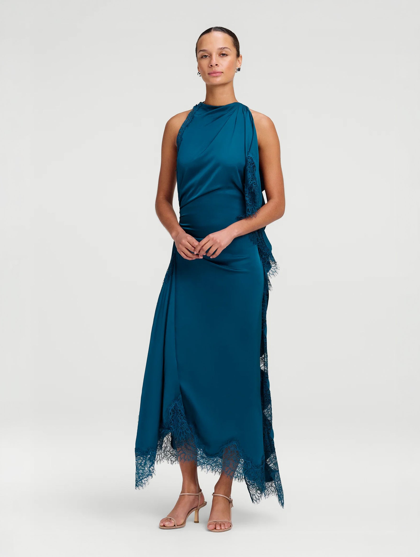 Miriam Satin and Lace Maxi Dress in Light Teal