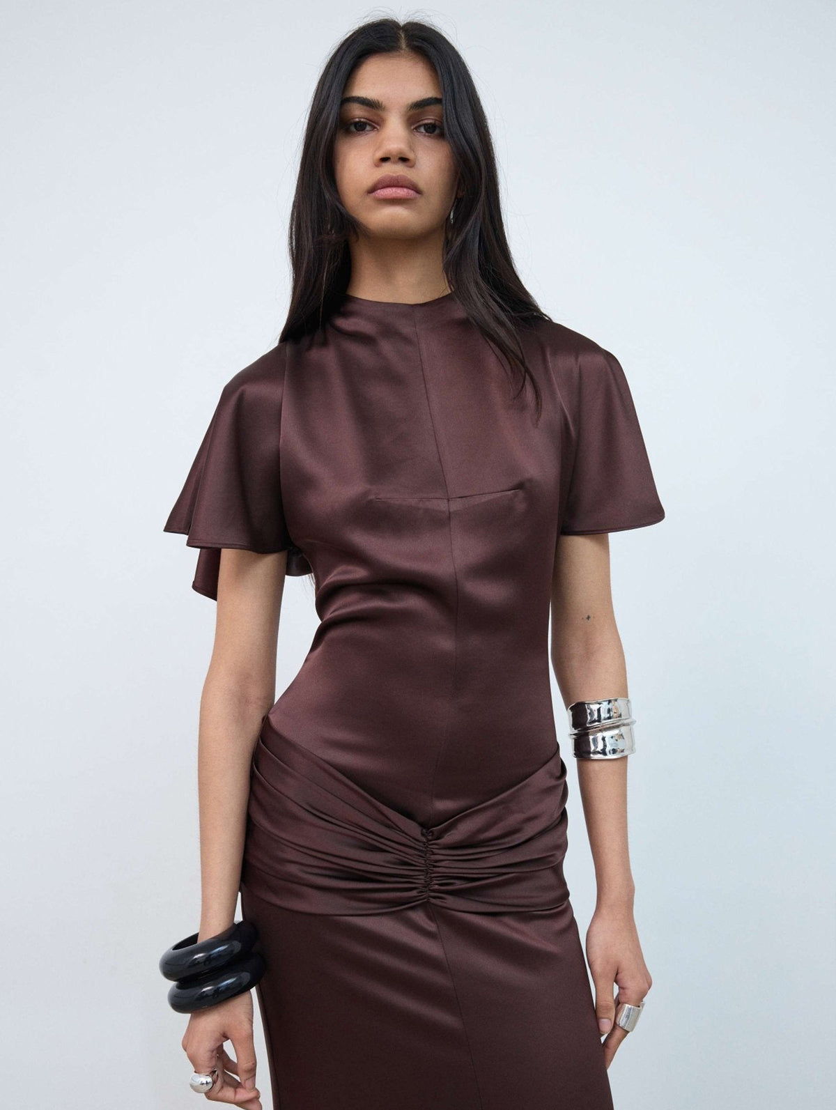 Myra Double Satin Maxi Dress In Brown