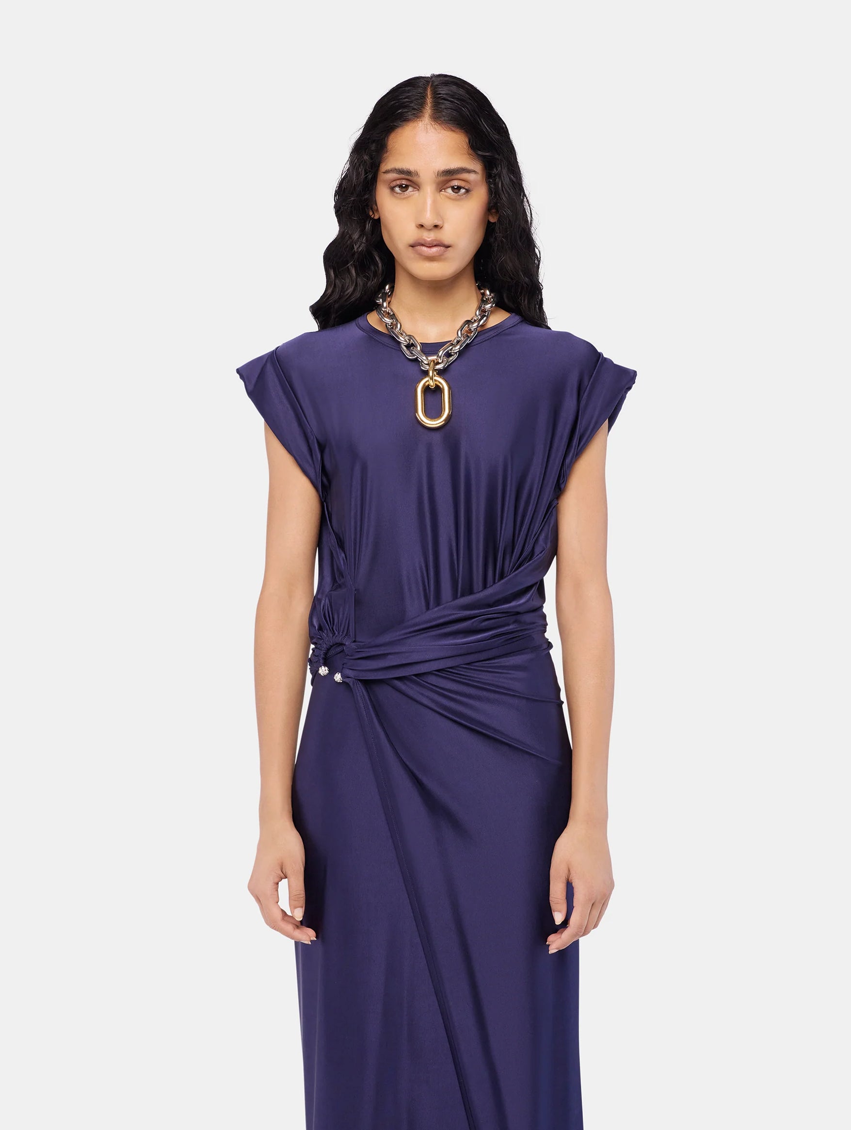 Midi Piercing Jersey Dress in Deep Navy