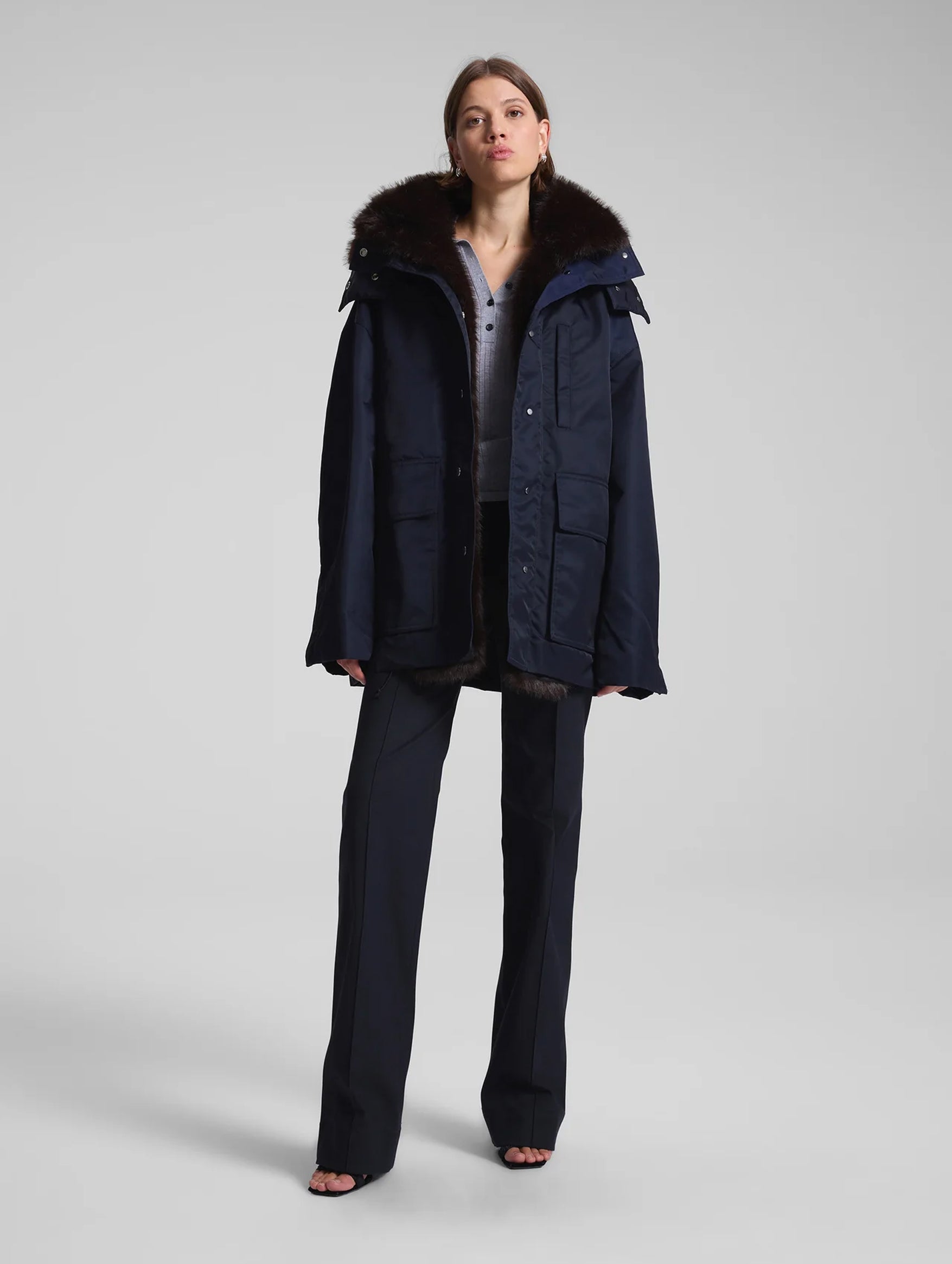 Nolan Faux Fur Trim Coat in Navy Romeo