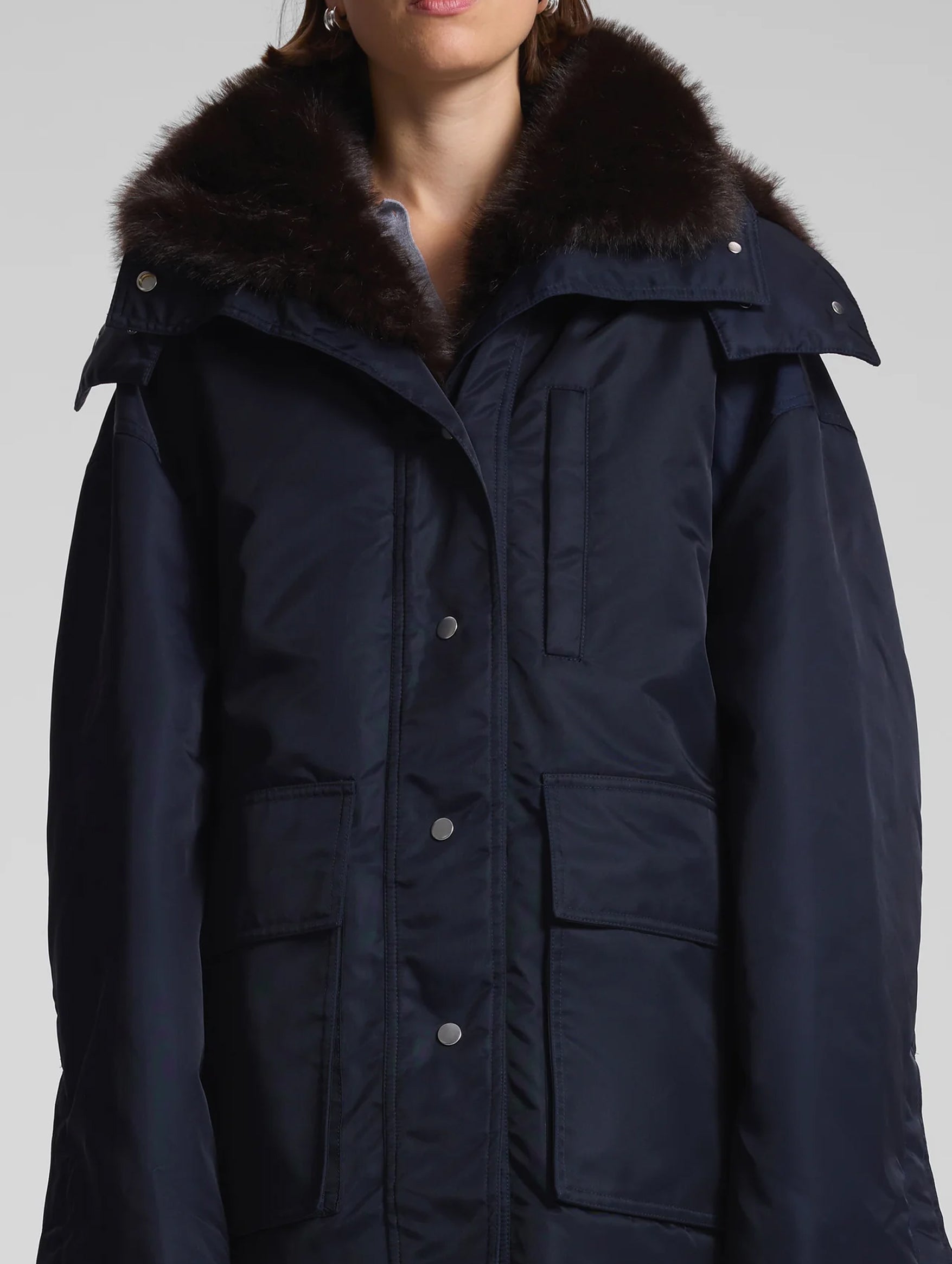 Nolan Faux Fur Trim Coat in Navy Romeo