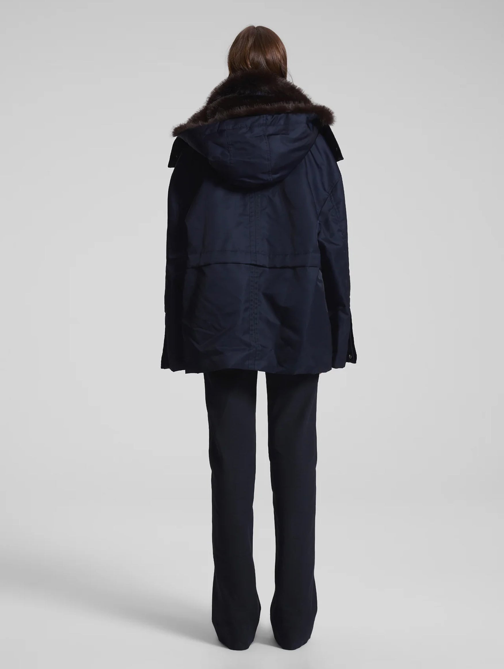 Nolan Faux Fur Trim Coat in Navy Romeo