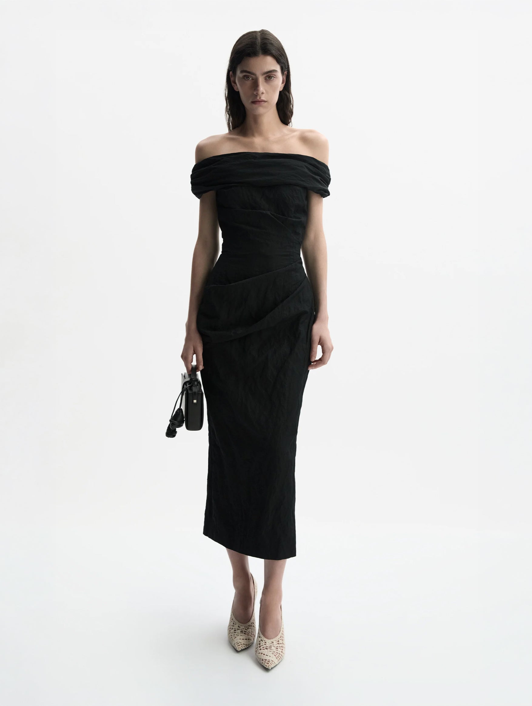 Off-Shoulder Draped Midi Dress In Black