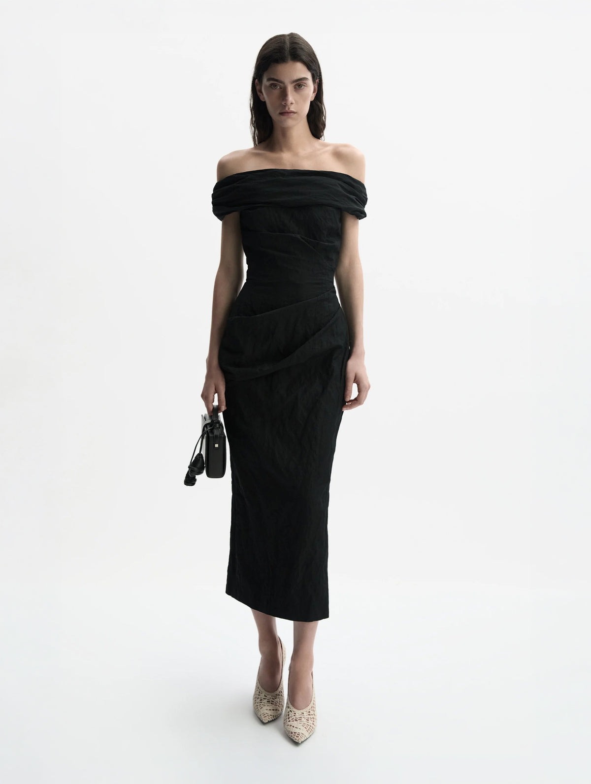 Off-Shoulder Draped Midi Dress In Black