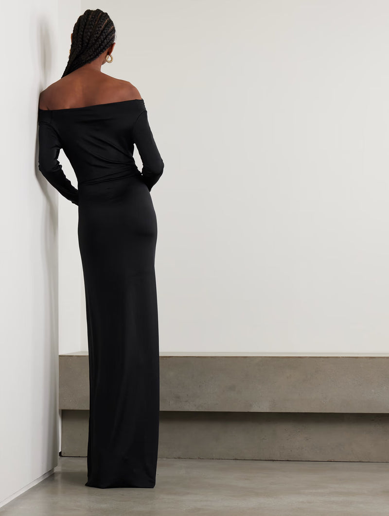 Off Shoulder Draped Gown in Black