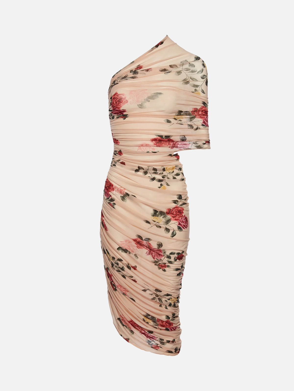 One Shoulder Draped Midi Dress in Beige Print